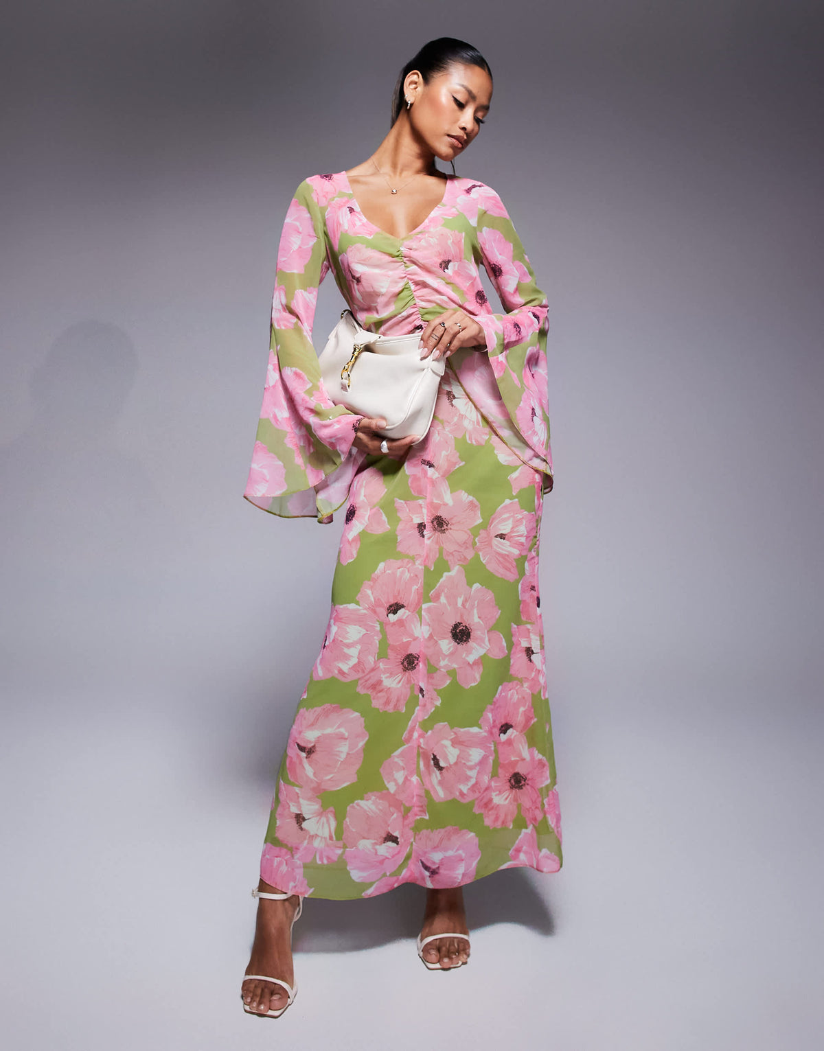 ASOS DESIGN v neck ruched front maxi dress in pin floral print