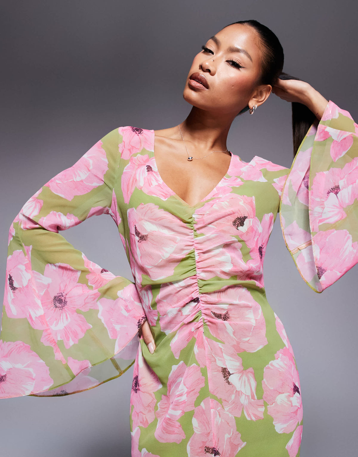 ASOS DESIGN v neck ruched front maxi dress in pin floral print