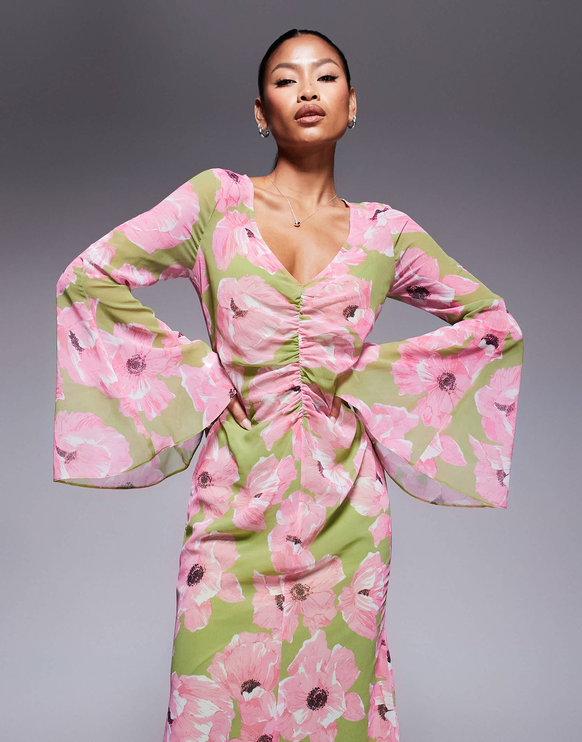 ASOS DESIGN v neck ruched front maxi dress in pin floral print