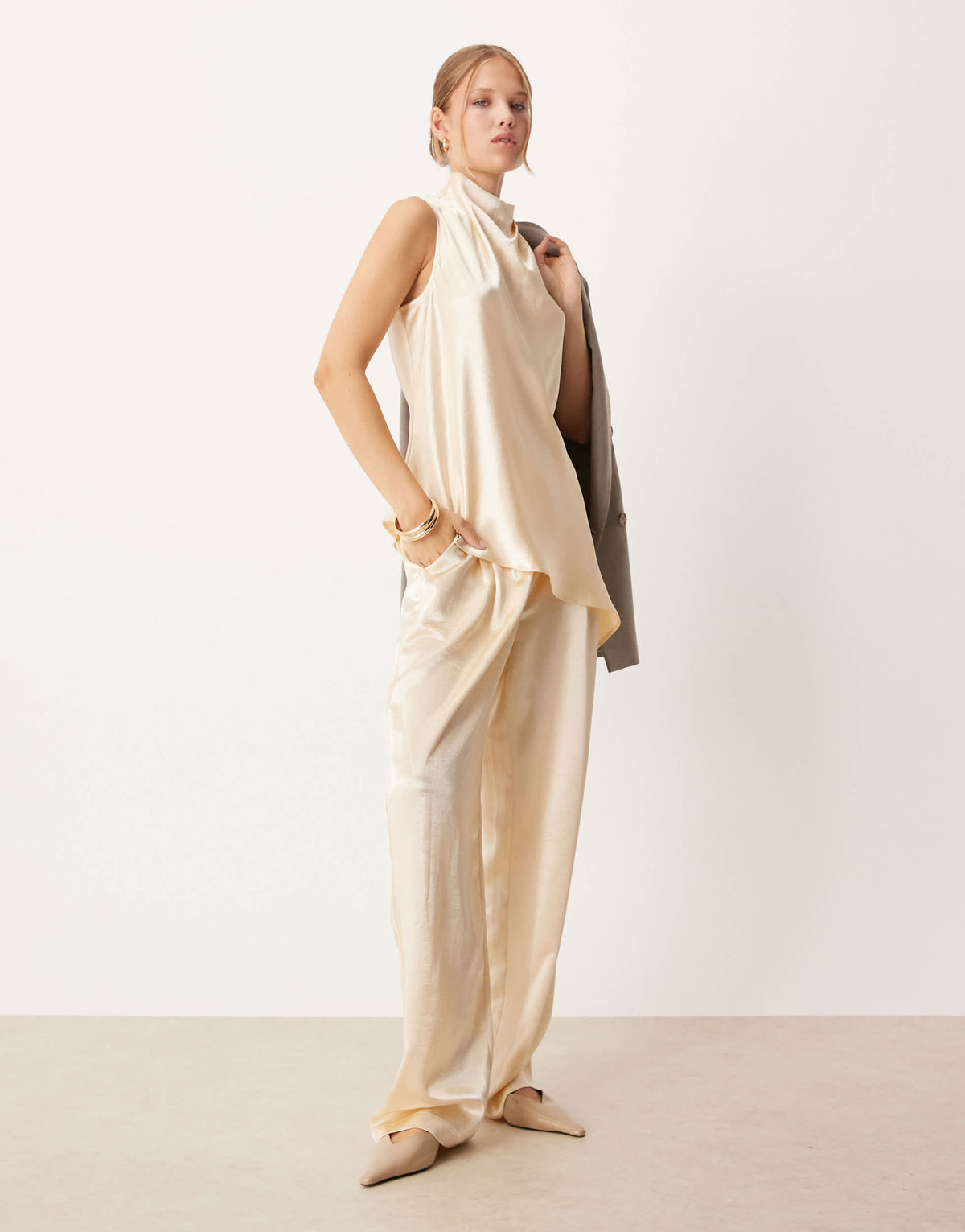 ASOS DESIGN tailored straight leg satin trousers co-ord in ivory