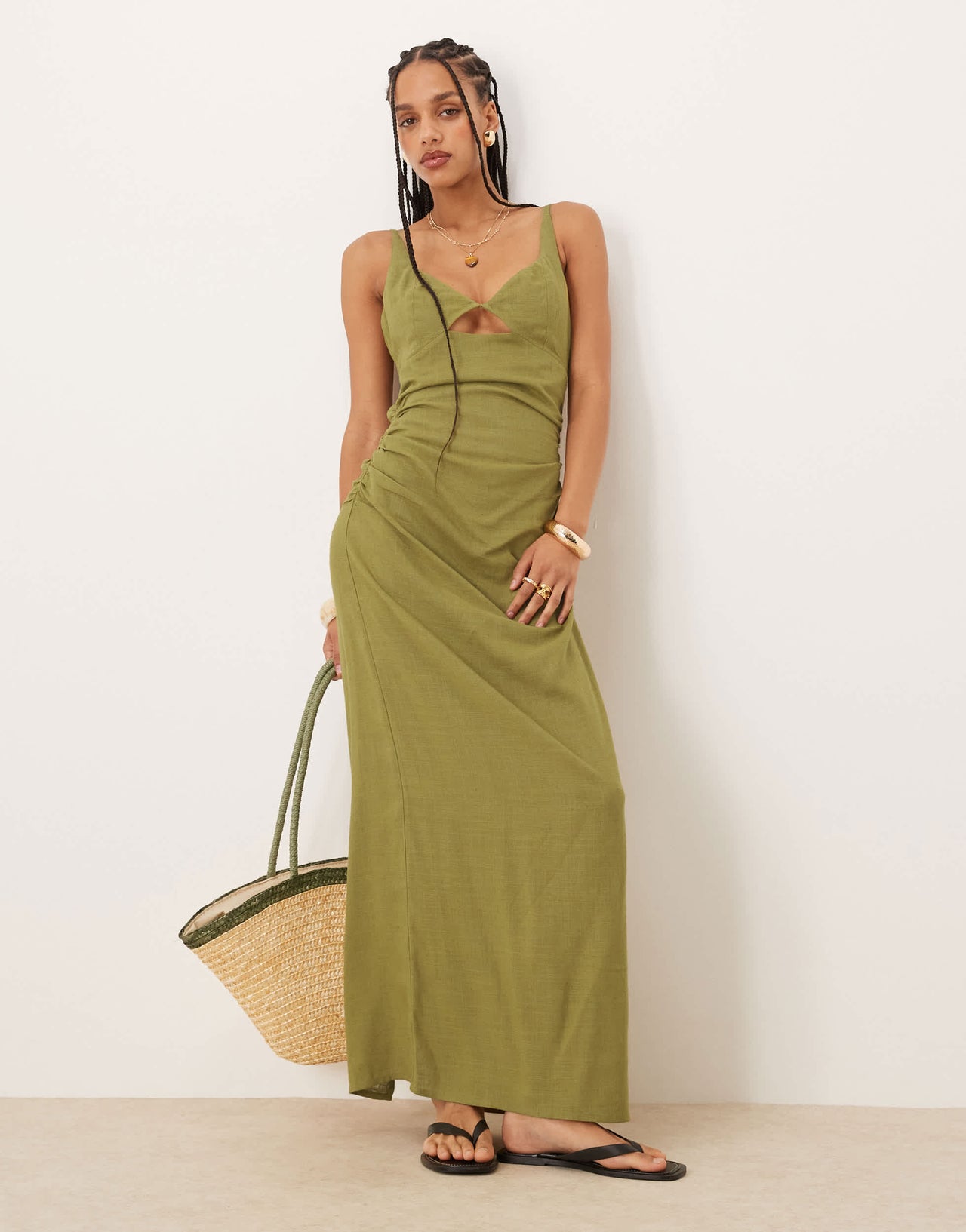 ASOS DESIGN linen maxi sunsundress with bralet cut out in olive