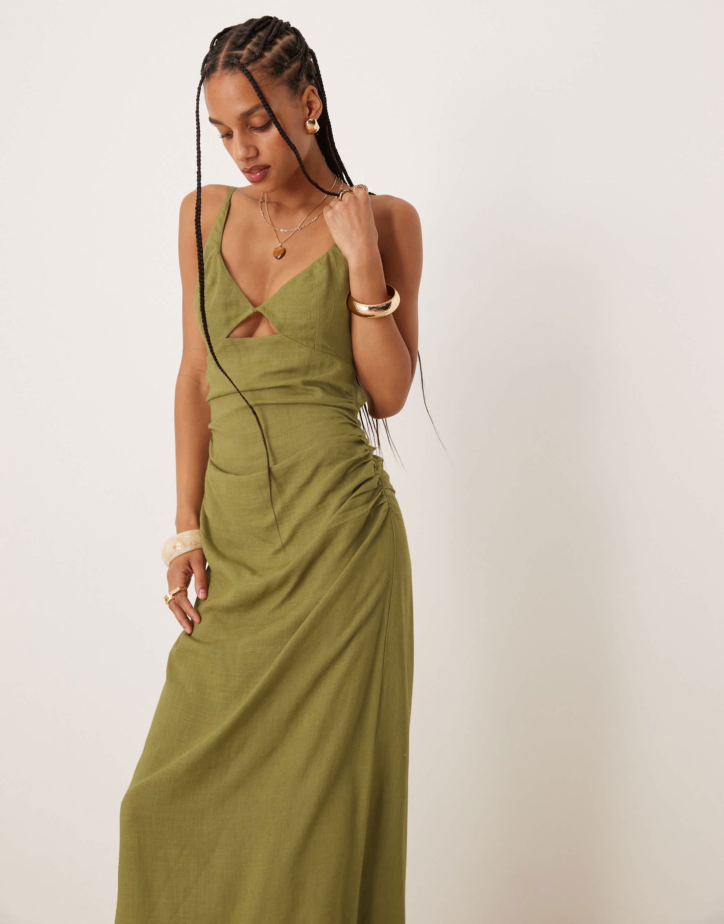 ASOS DESIGN linen maxi sunsundress with bralet cut out in olive