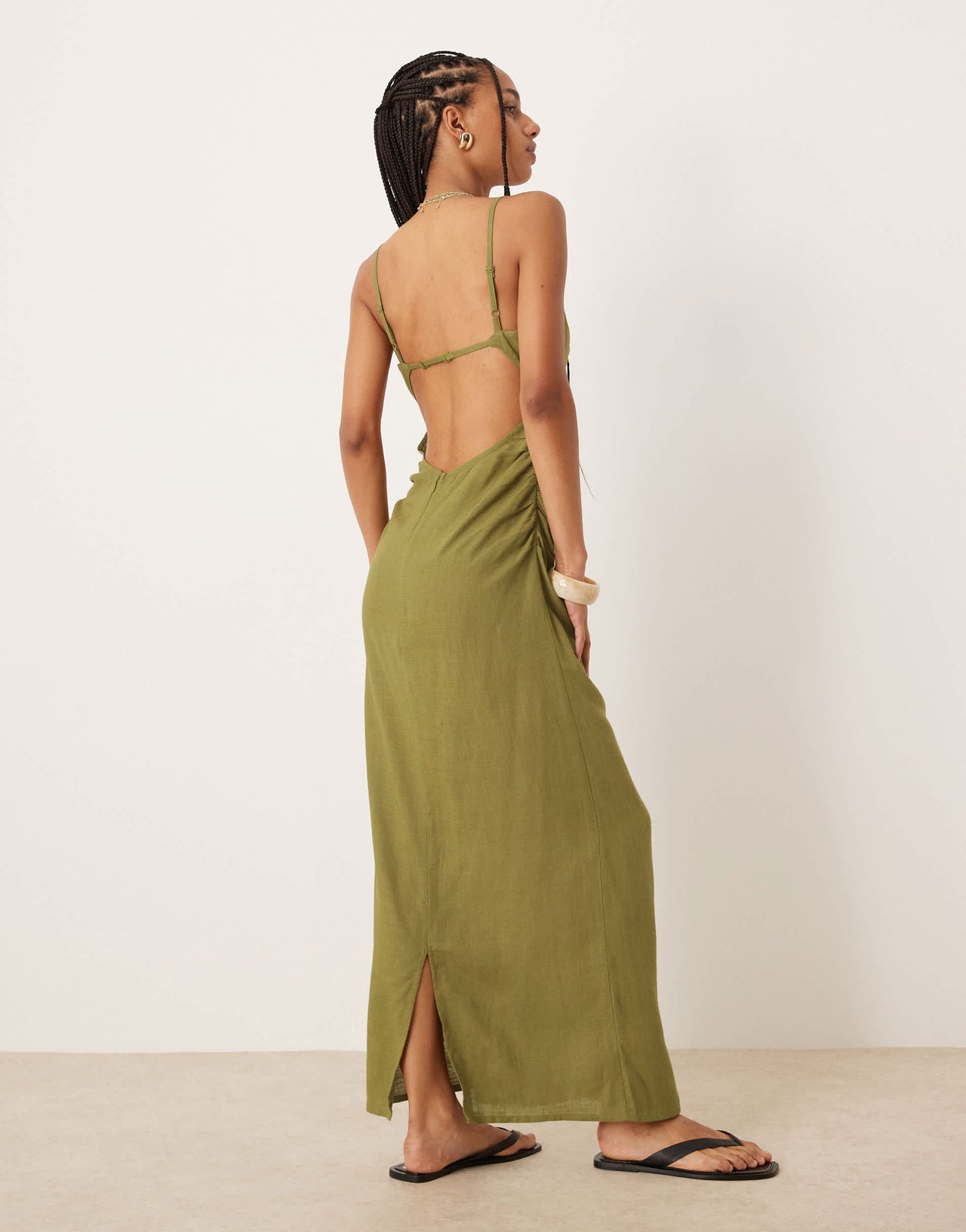 ASOS DESIGN linen maxi sunsundress with bralet cut out in olive