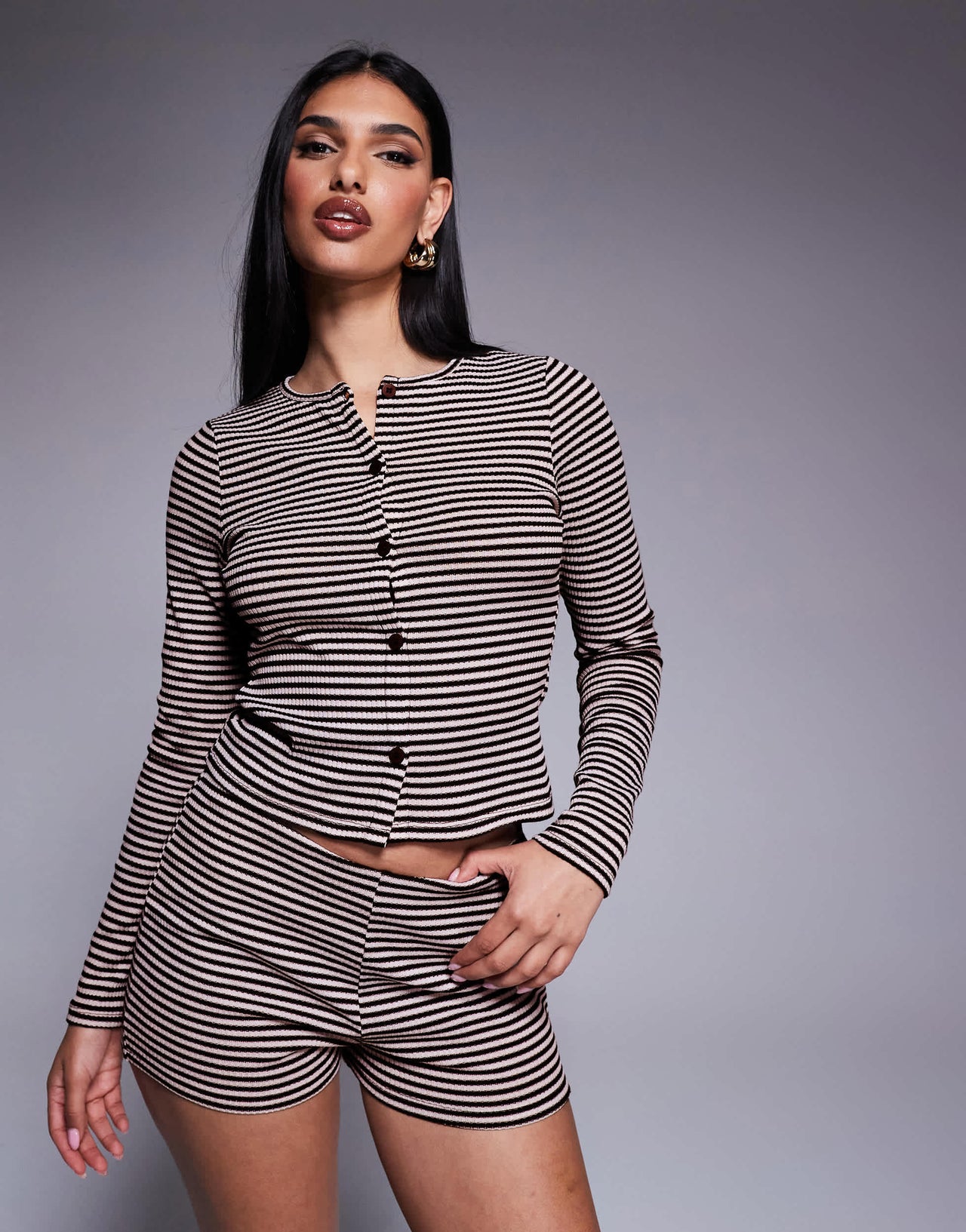 ASOS DESIGN co-ord stripe crew neck cardigan in black and white