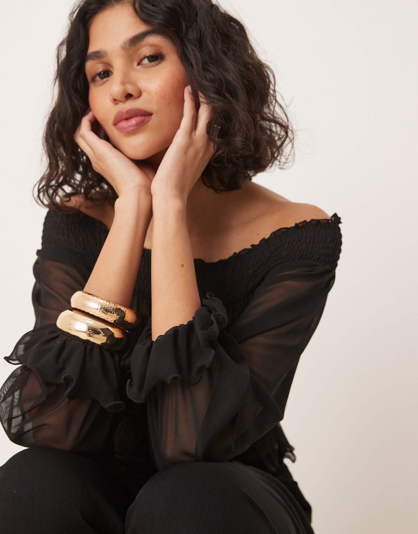 ASOS DESIGN bardot shirred long sleeve top in black