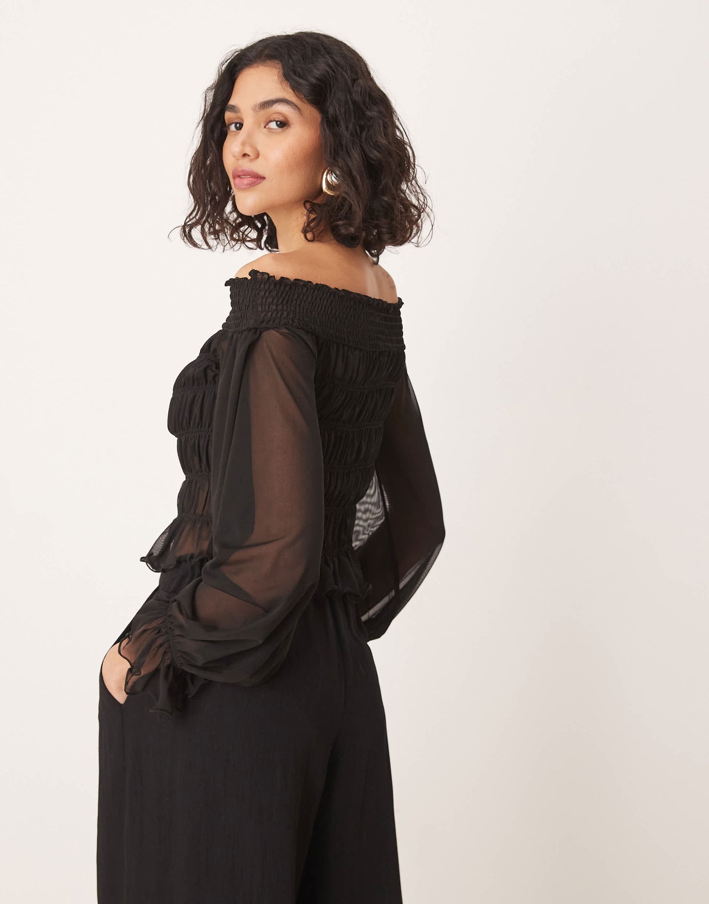 ASOS DESIGN bardot shirred long sleeve top in black