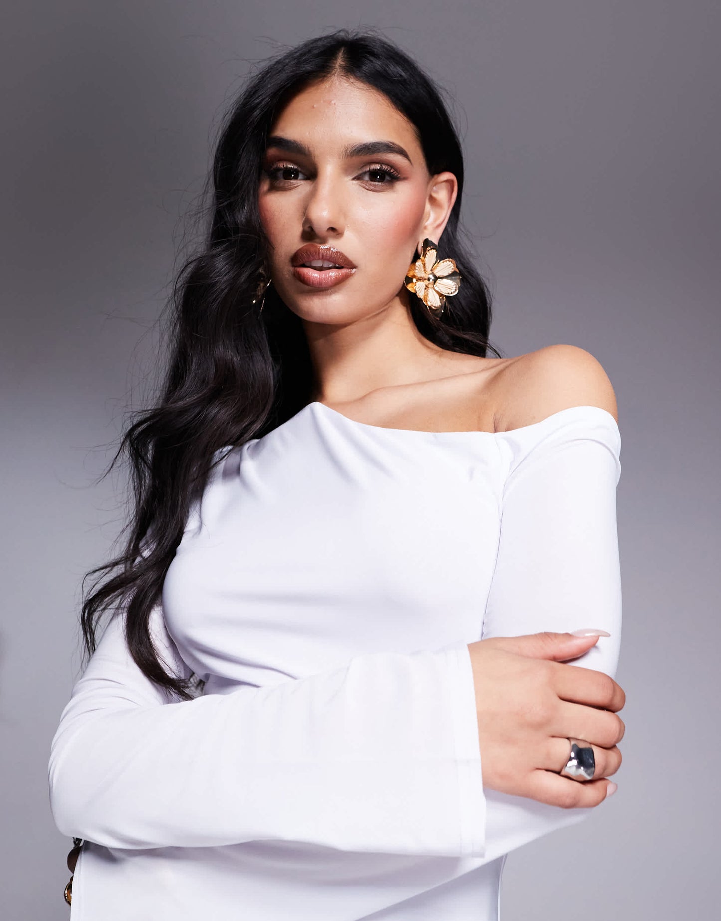 Fashionkilla double sculpted slinky asymmetric shoulder mini dress in white