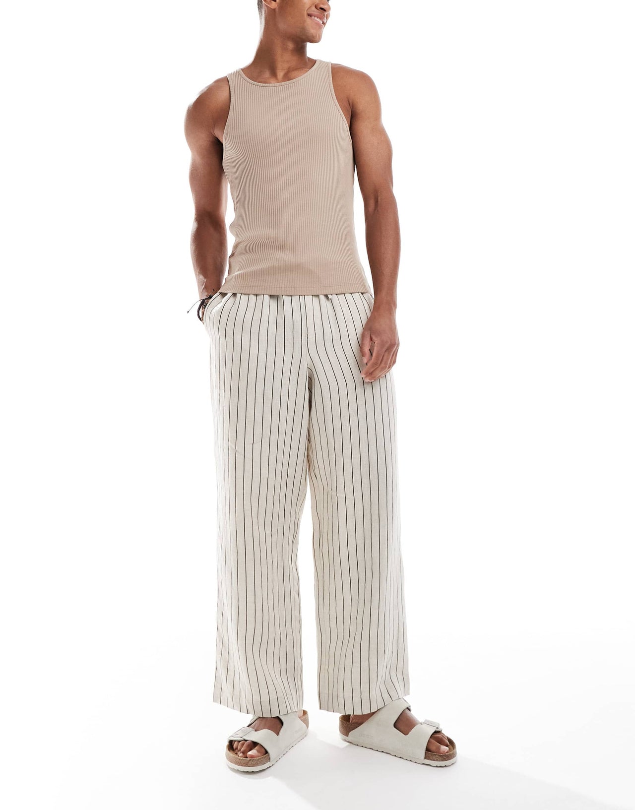 Cotton On baggy fit linen trousers in oatmeal stripe