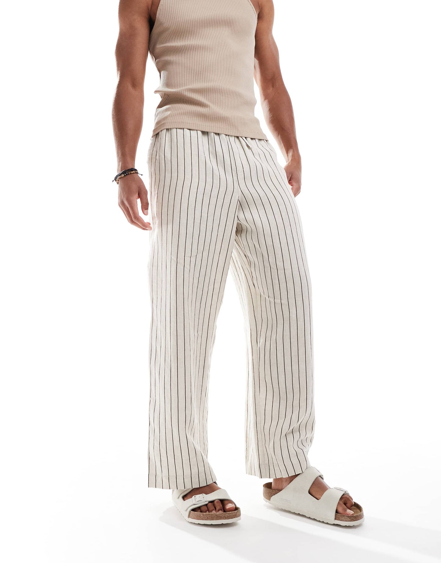 Cotton On baggy fit linen trousers in oatmeal stripe