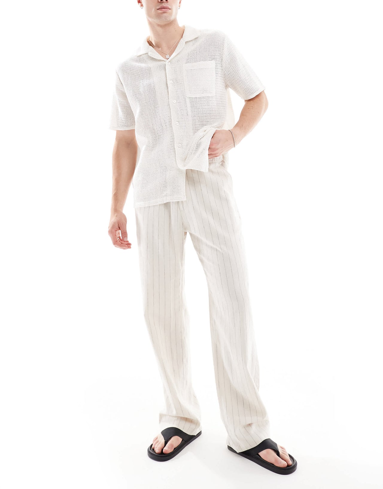 Bershka linen rich striped trouser in sand
