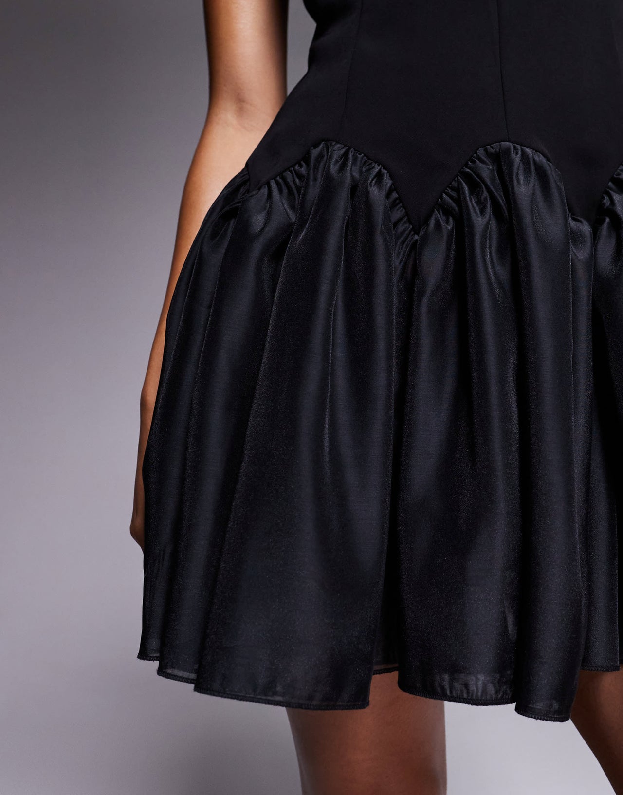 Rare London scallop satin drop waist mini dress in black