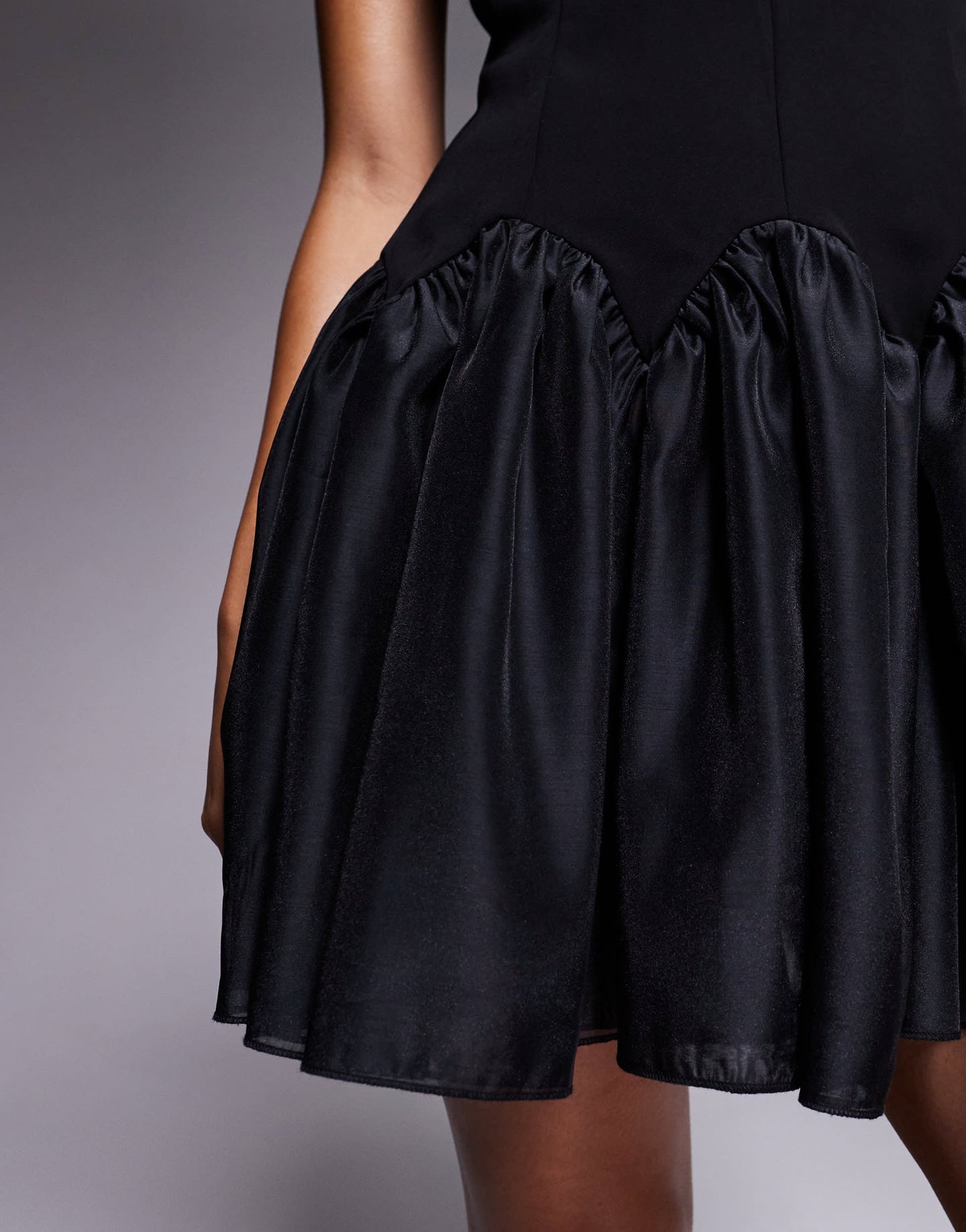 Rare London scallop satin drop waist mini dress in black
