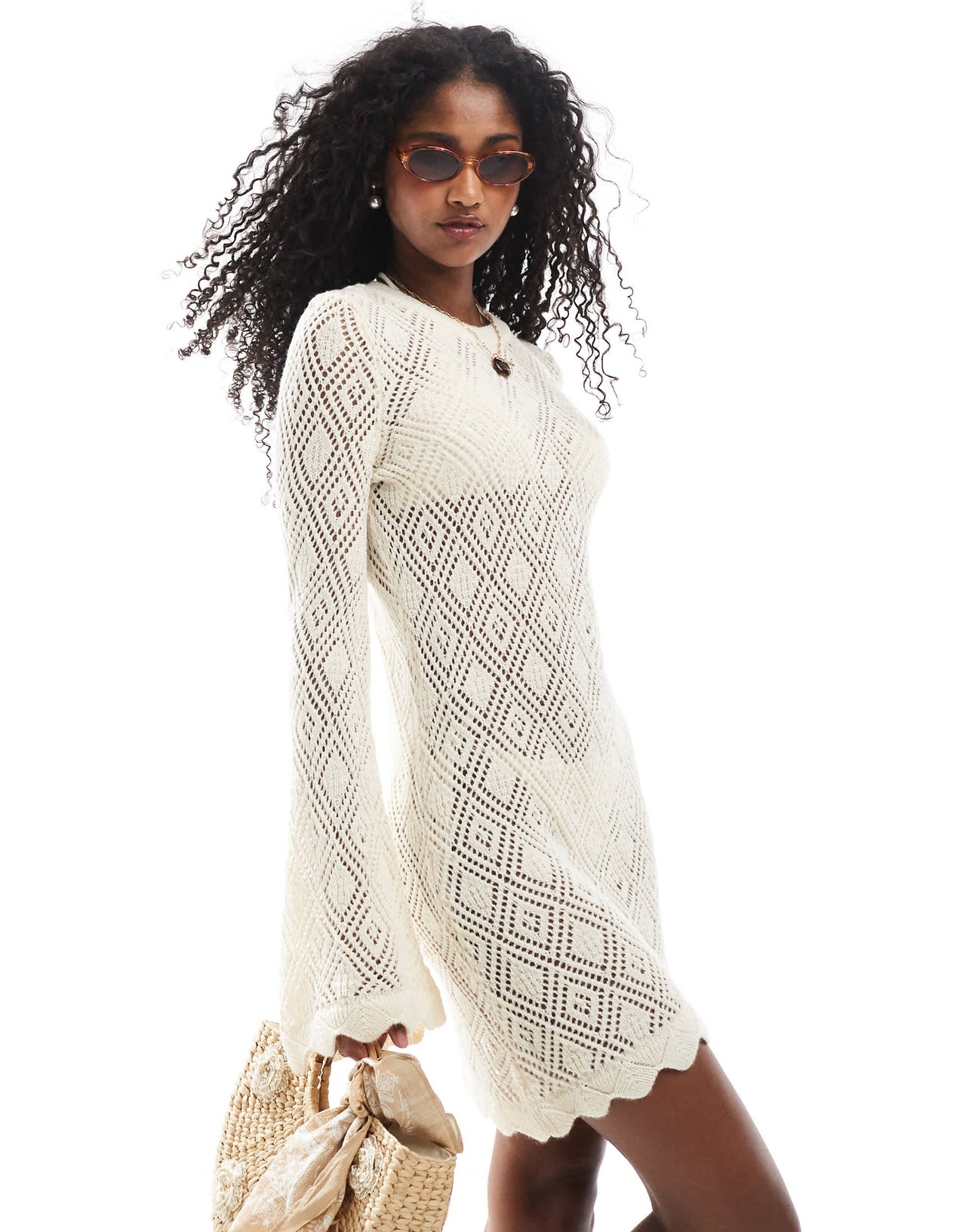Miss Selfridge wide sleeve scallop hem knitted beach dress in cream