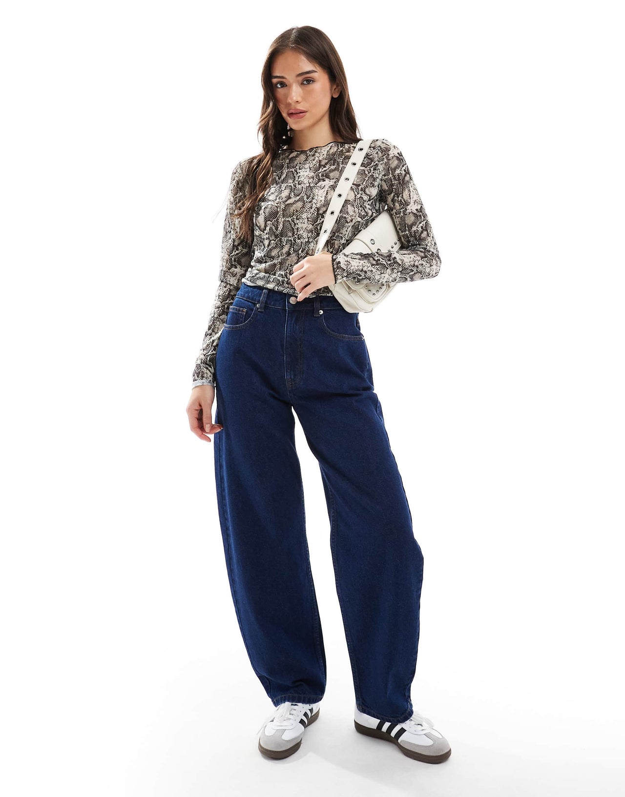Object snake print long sleeve mesh top in neutral