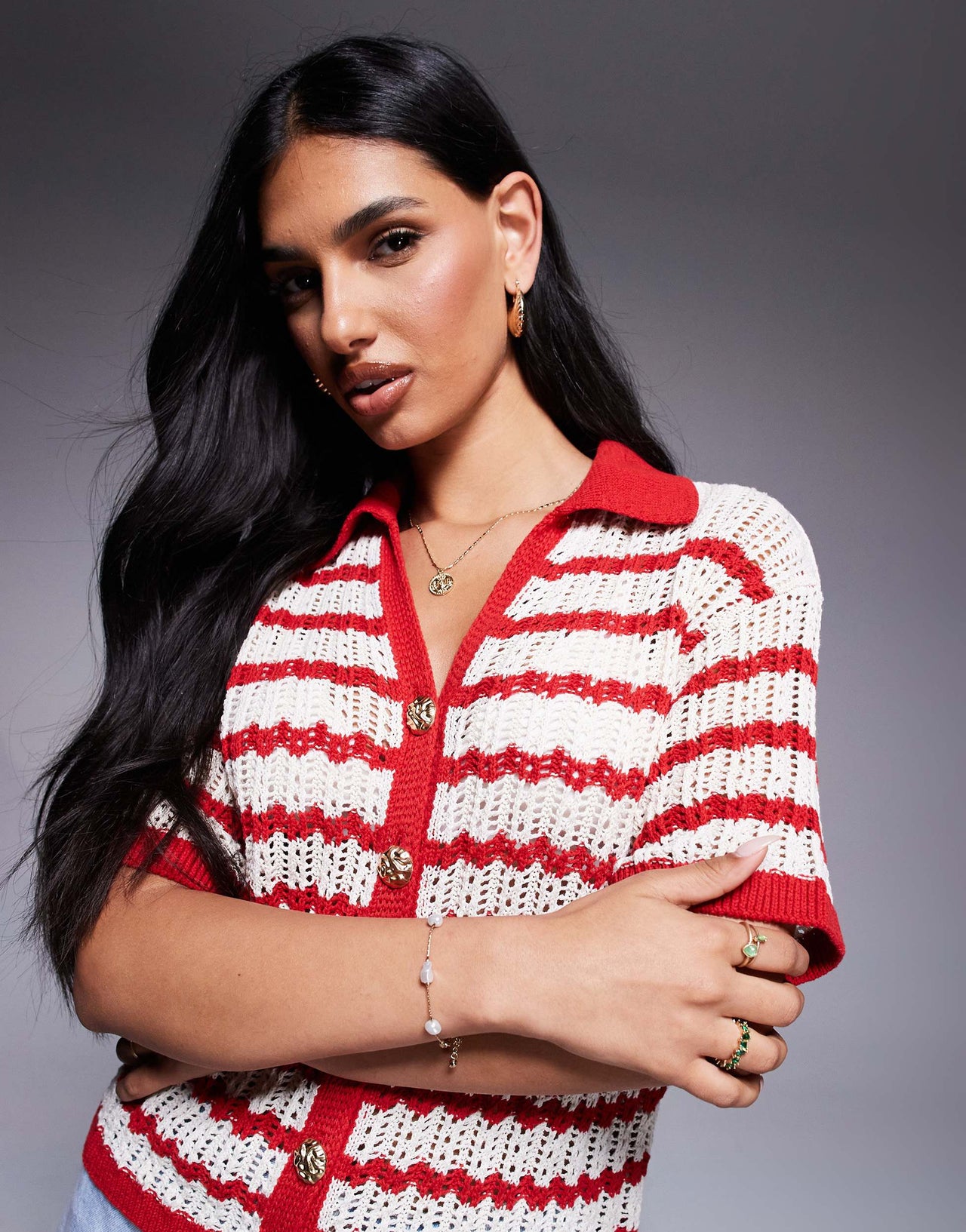River Island striped crochet shirt in red