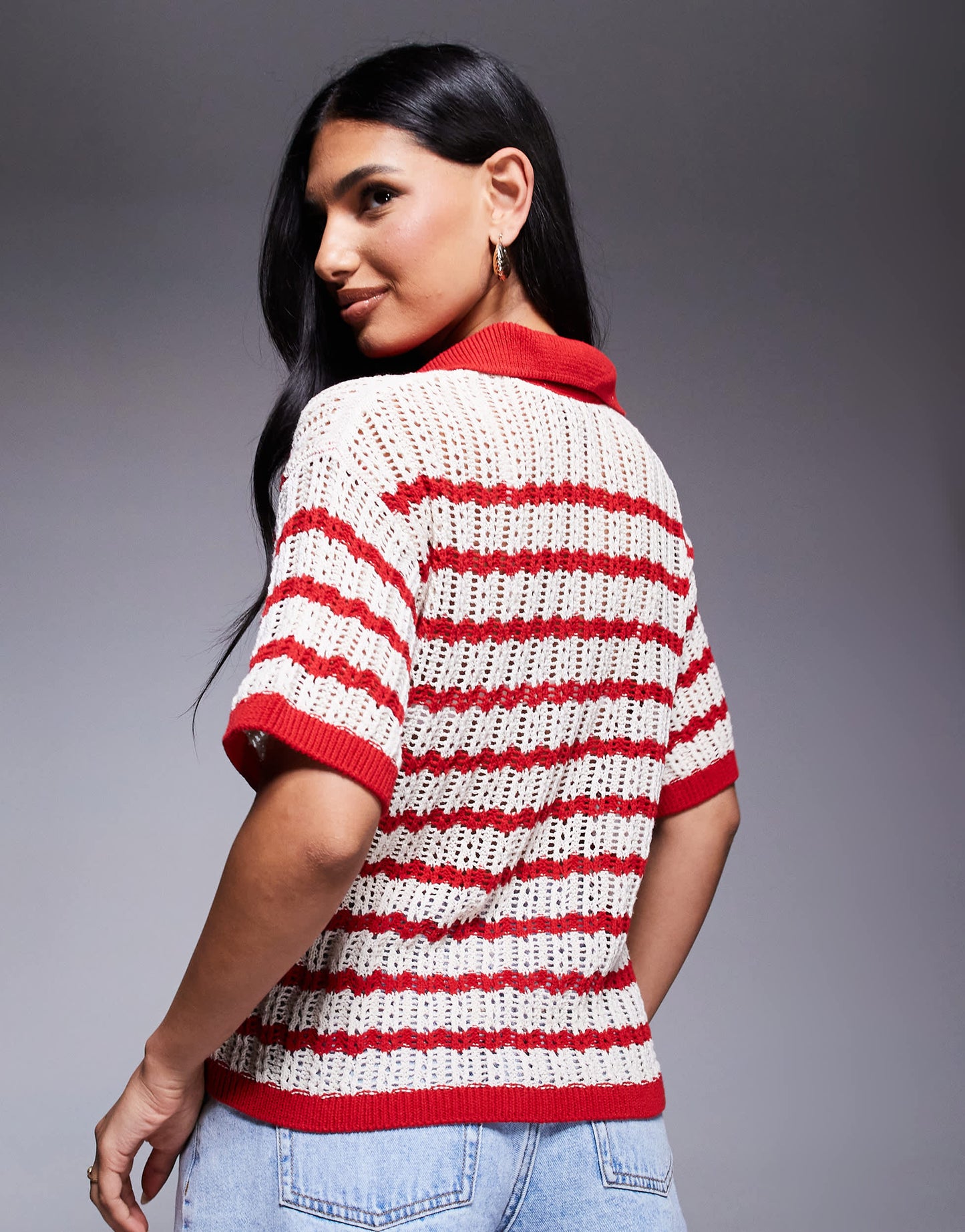 River Island striped crochet shirt in red