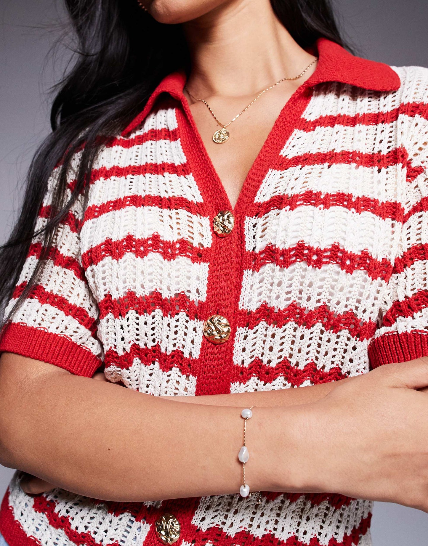 River Island striped crochet shirt in red