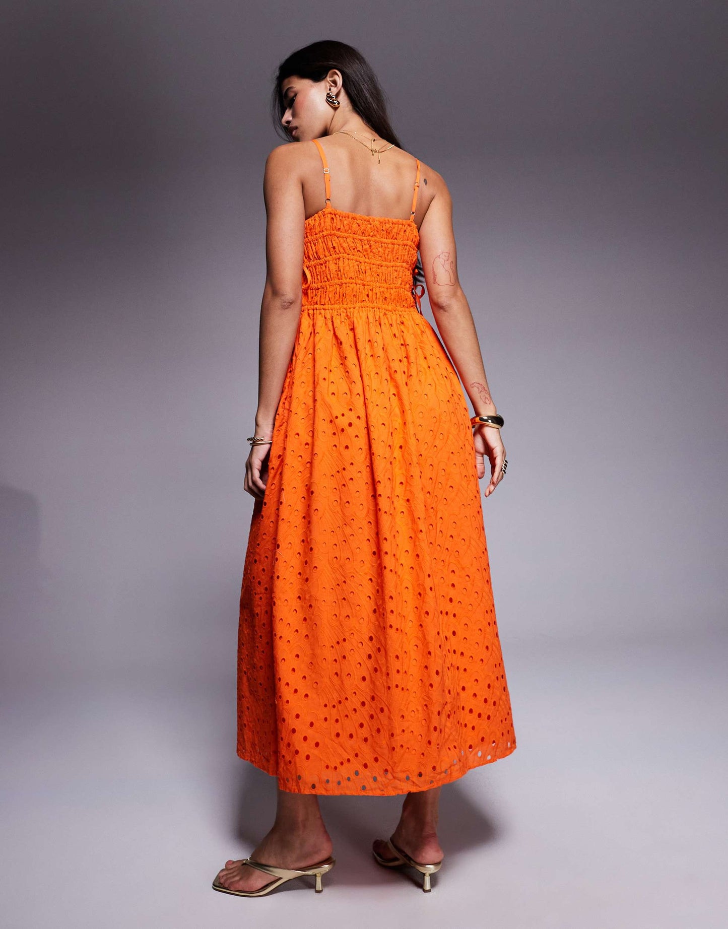 River Island broderie baby doll maxi dress in orange