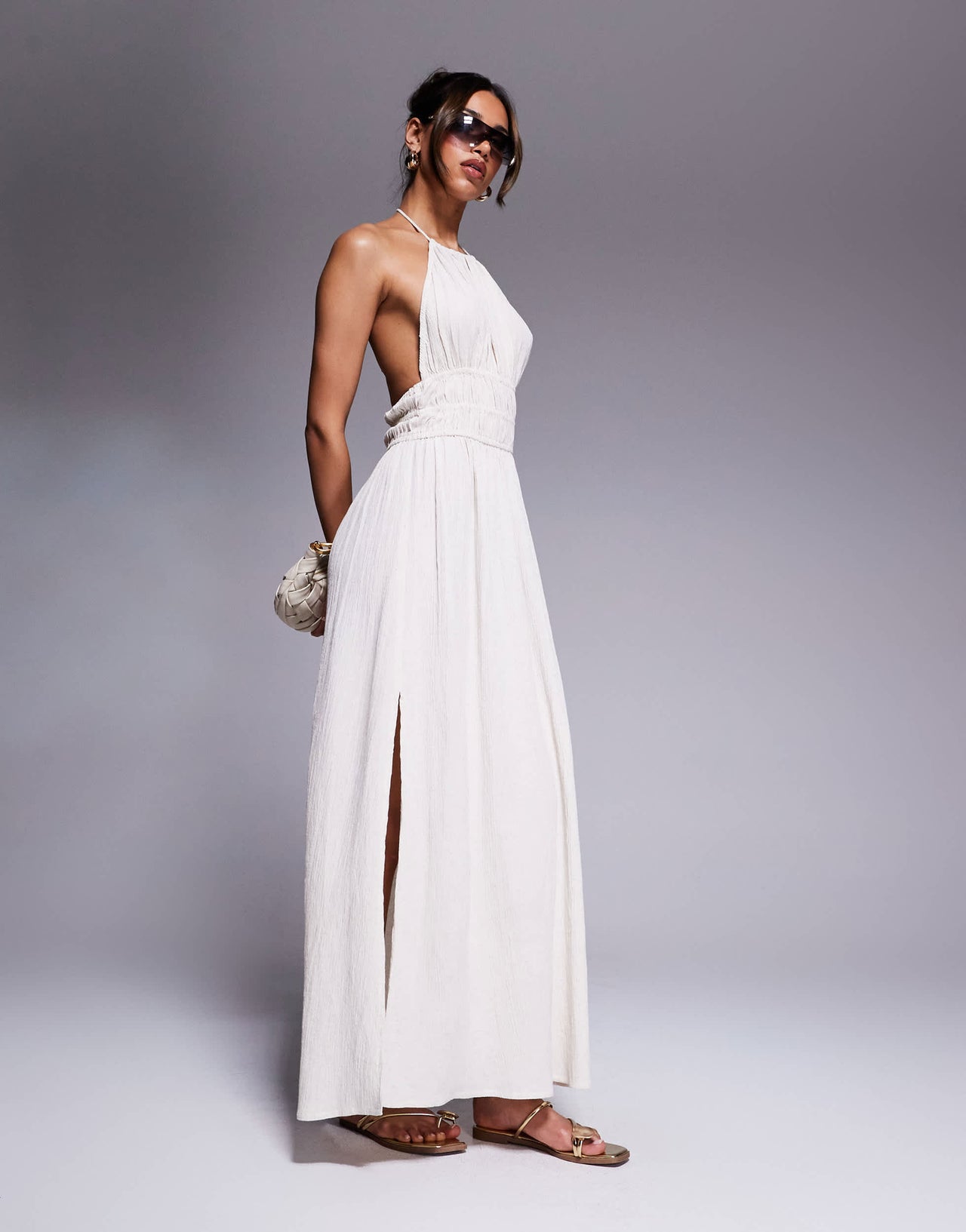 River Island halterneck shirred maxi dress in stone