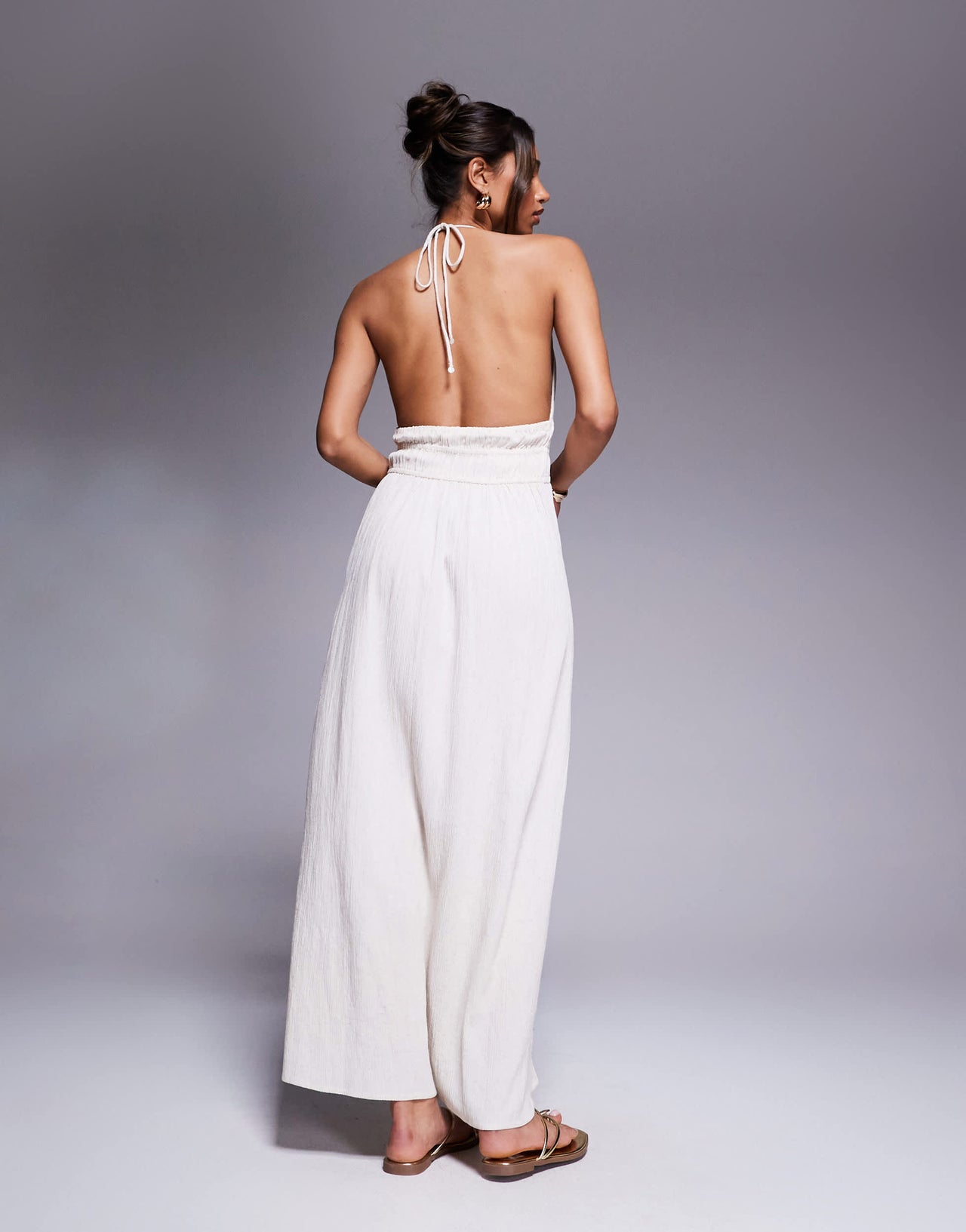 River Island halterneck shirred maxi dress in stone