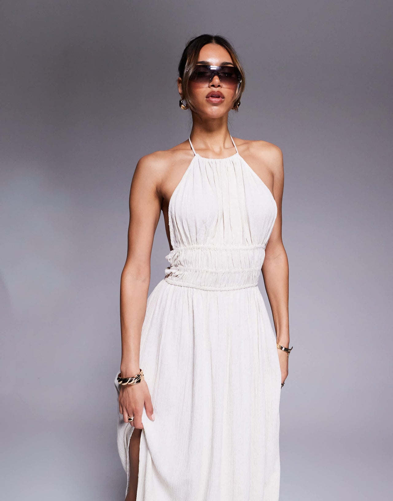 River Island halterneck shirred maxi dress in stone