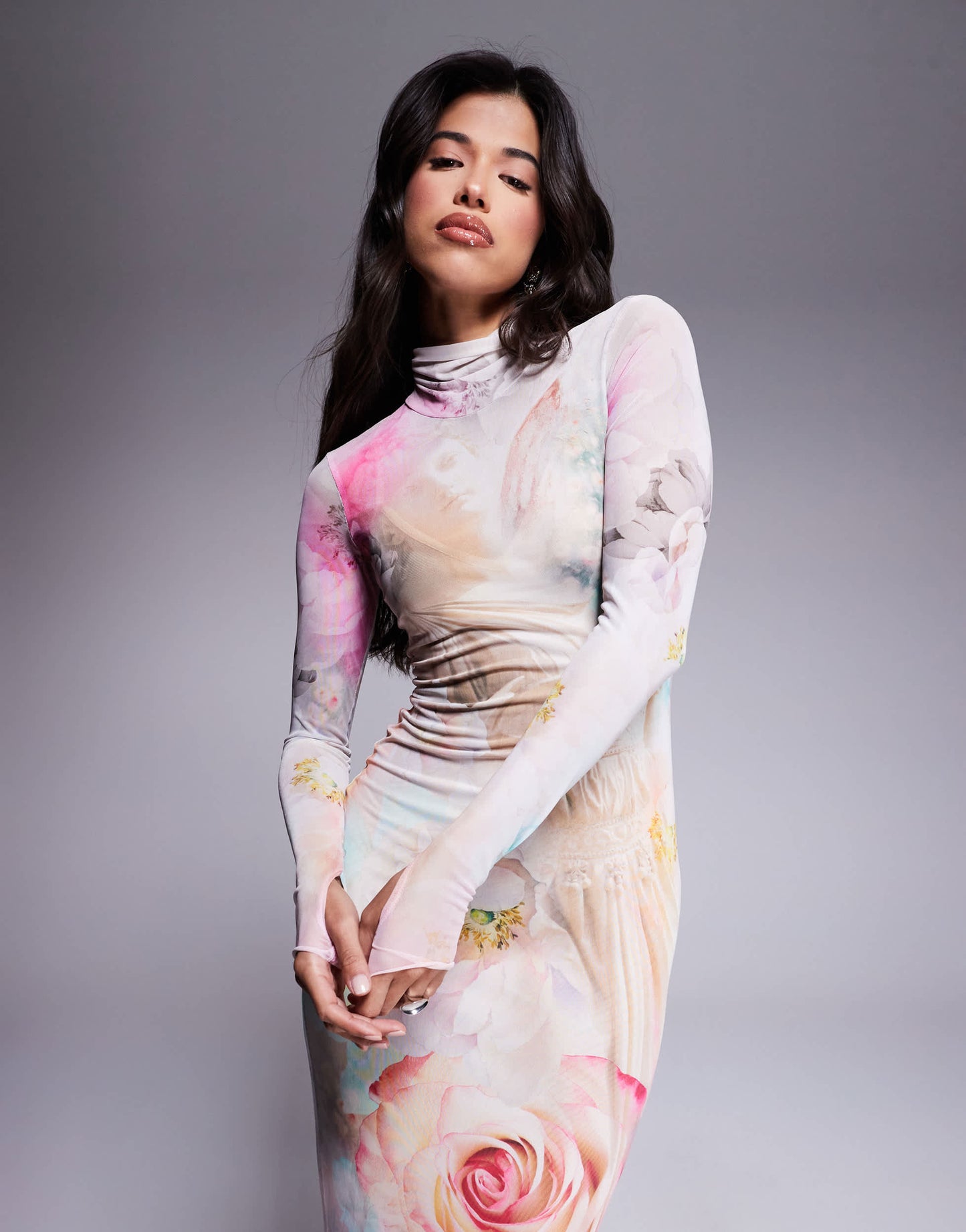 AFRM long sleeve turtleneck midi dress in pink floral