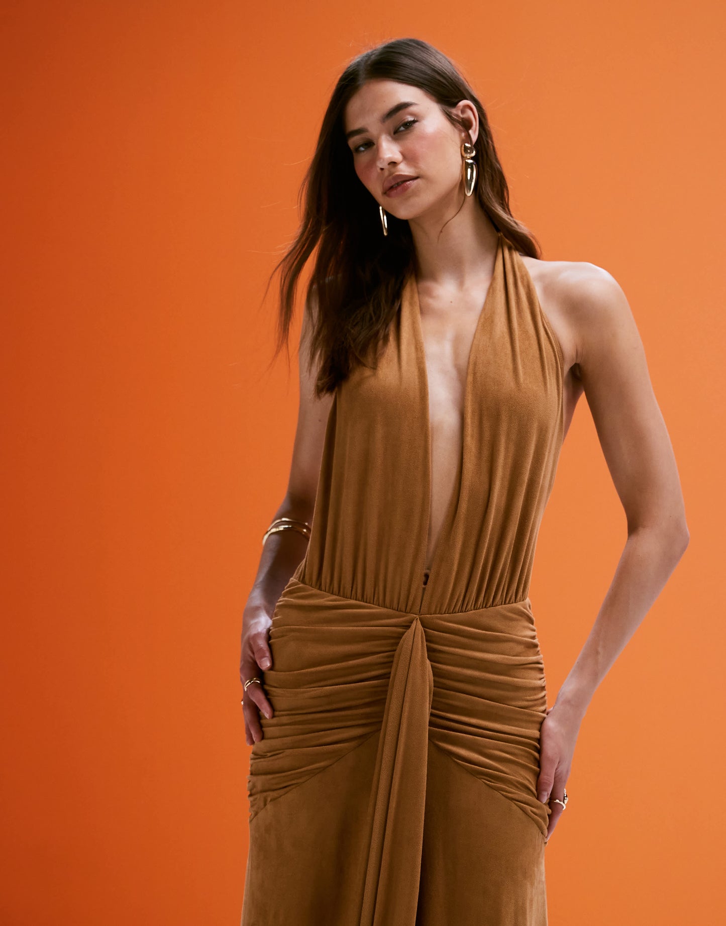 AFRM faux suede halter neck maxi dress with tie front in caramel