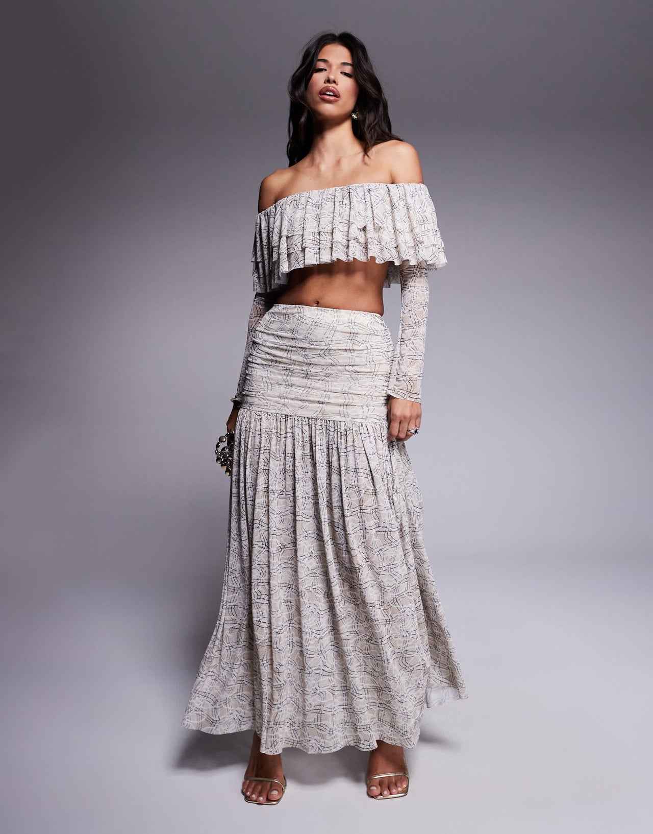 AFRM long sleeve lace ruffle crop top with built in bralette co-ord in cream