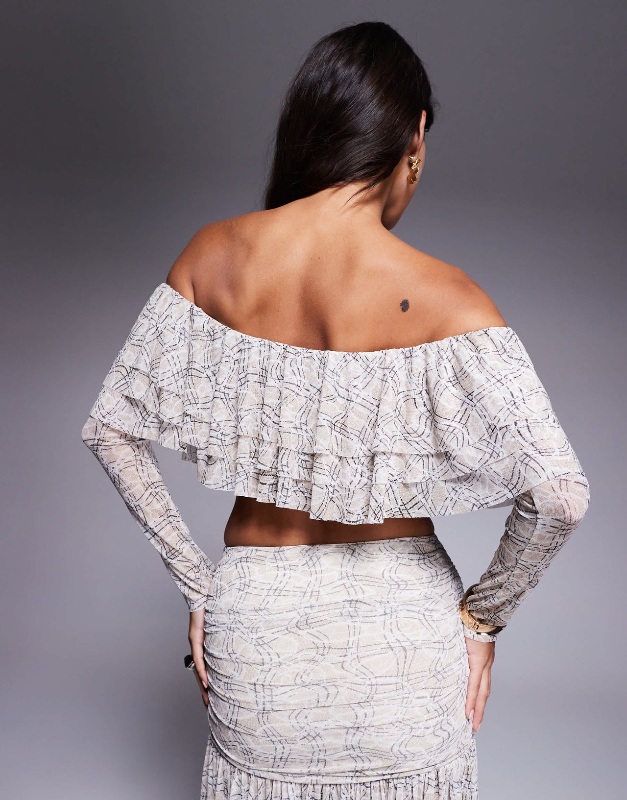 AFRM long sleeve lace ruffle crop top with built in bralette co-ord in cream