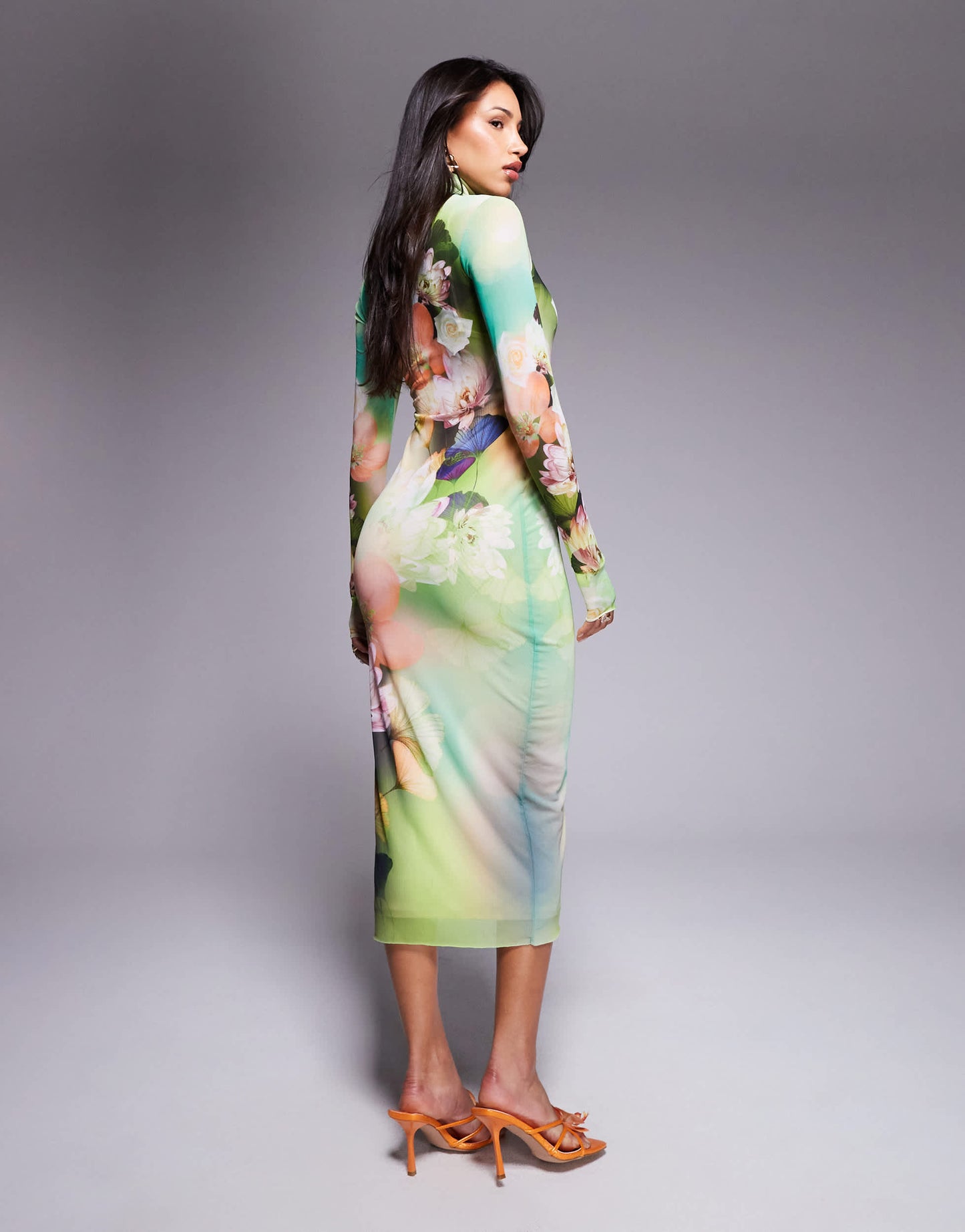 AFRM long sleeve turtle neck midi dress in green floral