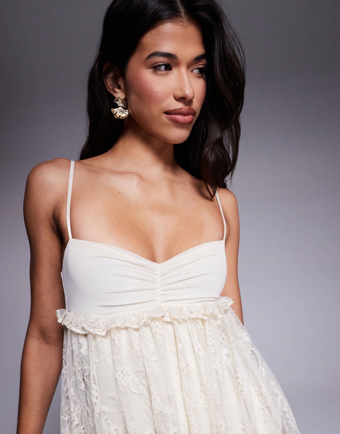 AFRM babydoll lace mini dress with built in bodysuit in cream
