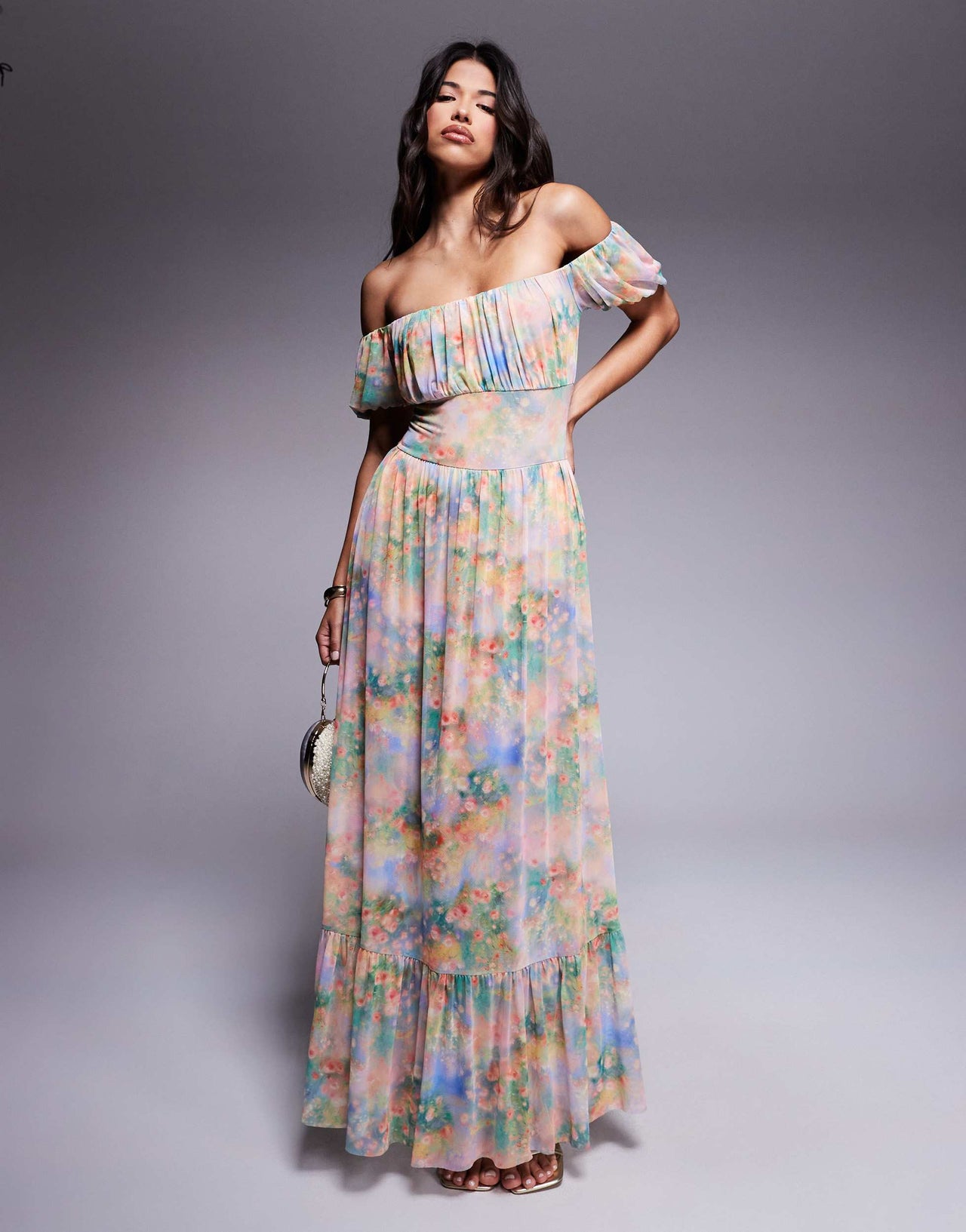 AFRM bardot maxi dress with built in shorts in floral print
