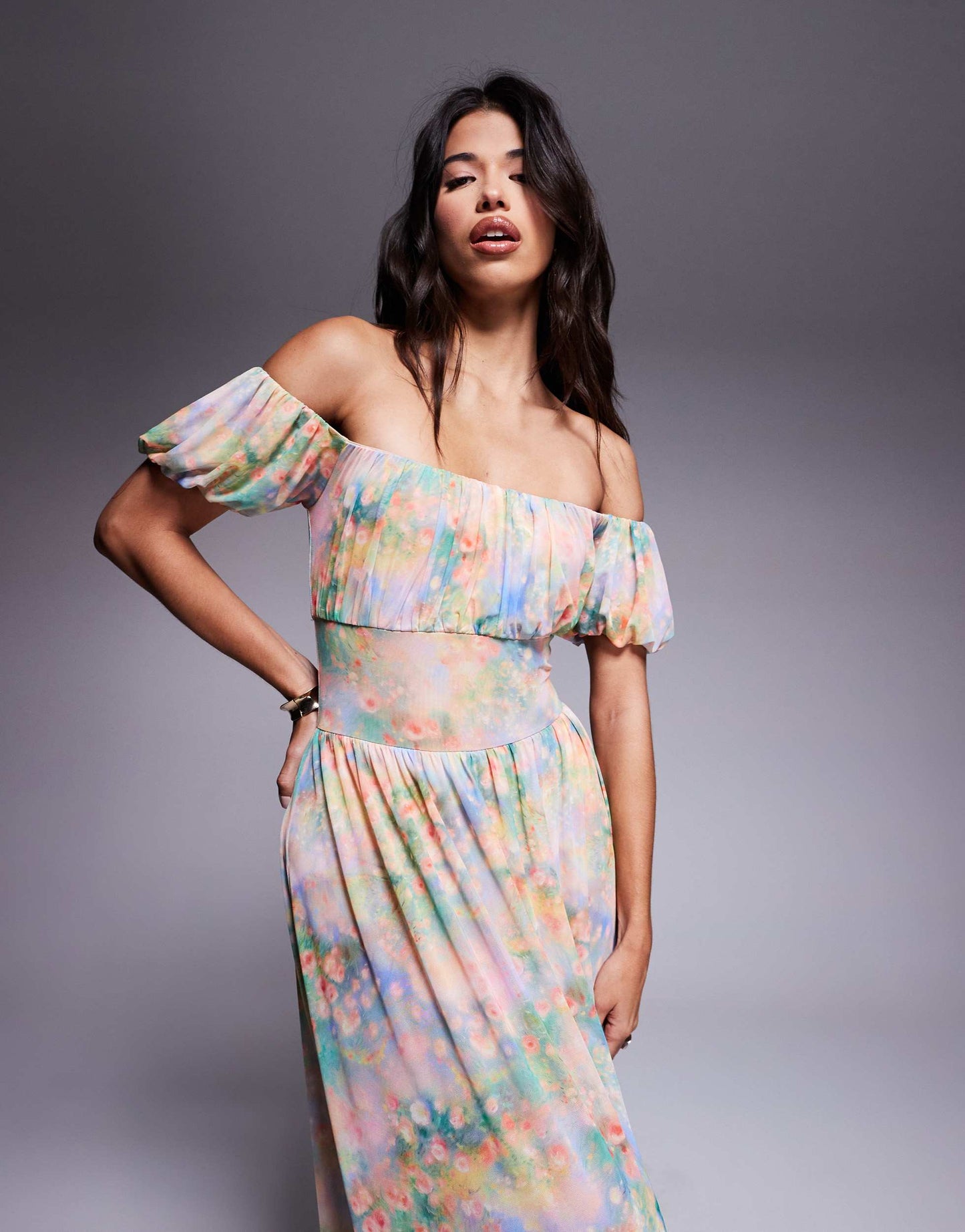AFRM bardot maxi dress with built in shorts in floral print