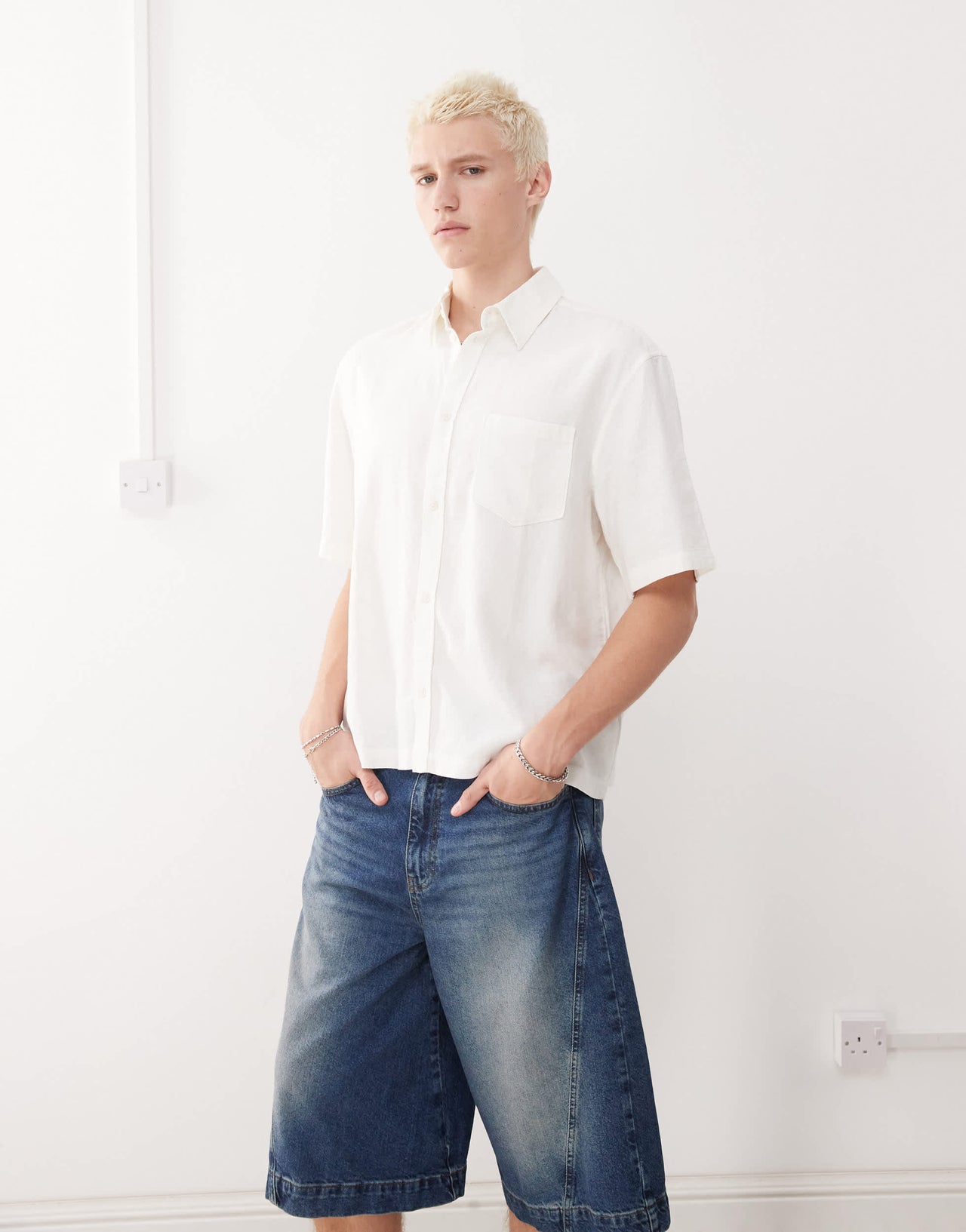 Weekday linen oversized boxy fit short sleeve shirt in off-white