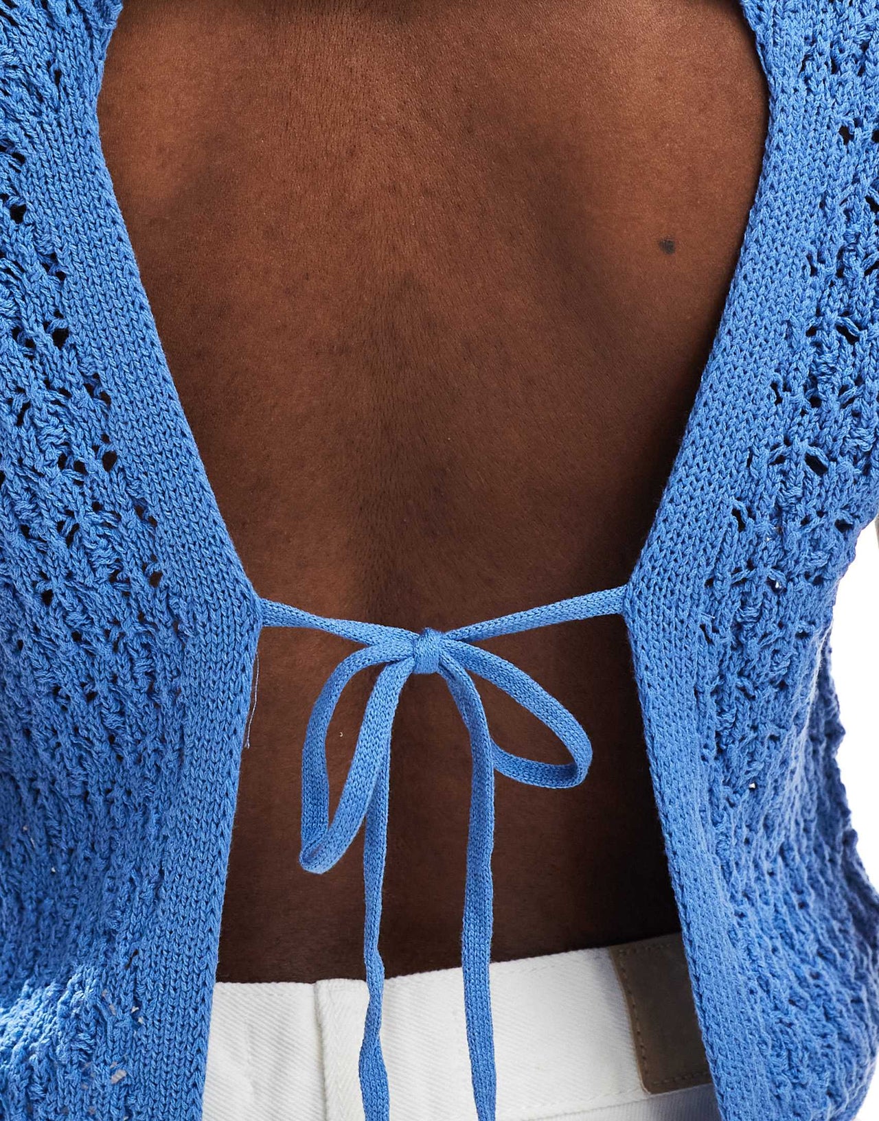 ASOS DESIGN crochet knit tank top with open back in light blue