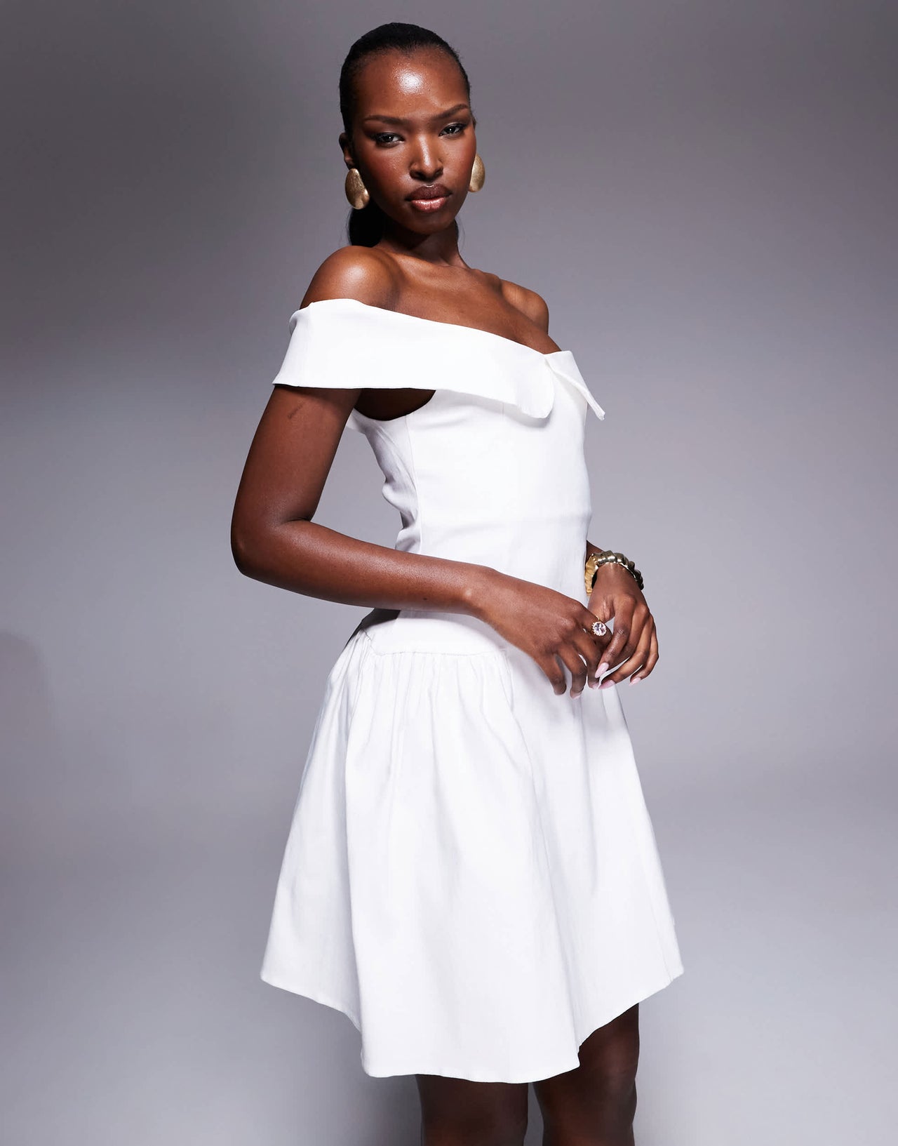 Vesper bengaline bardot foldover skater mini dress in white