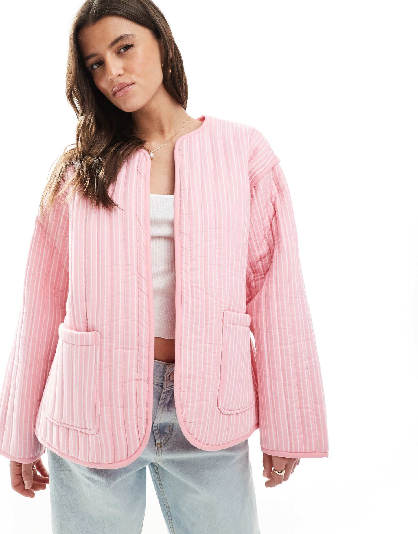 ASOS DESIGN quilted stripe jacket in pink
