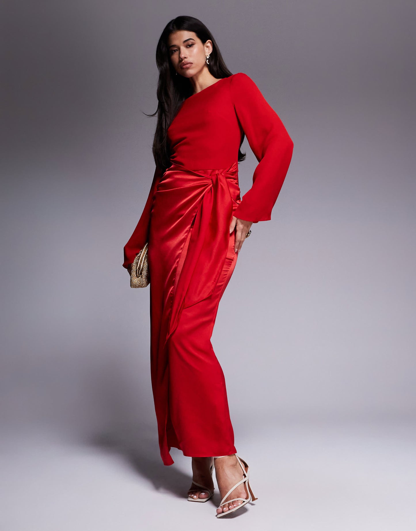 ASOS DESIGN blouson sleeve chiffon maxi dress with satin wrap skirt in red