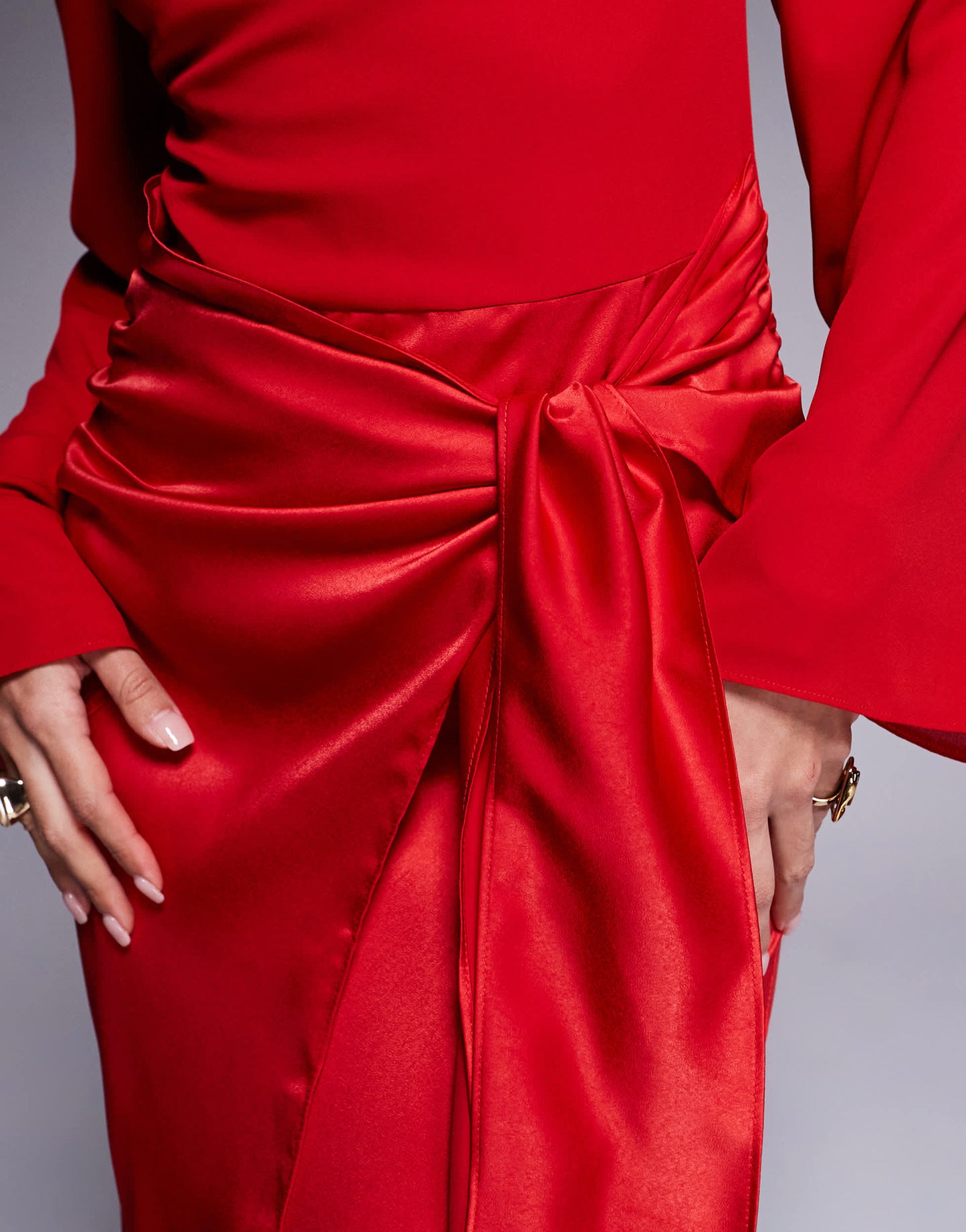 ASOS DESIGN blouson sleeve chiffon maxi dress with satin wrap skirt in red