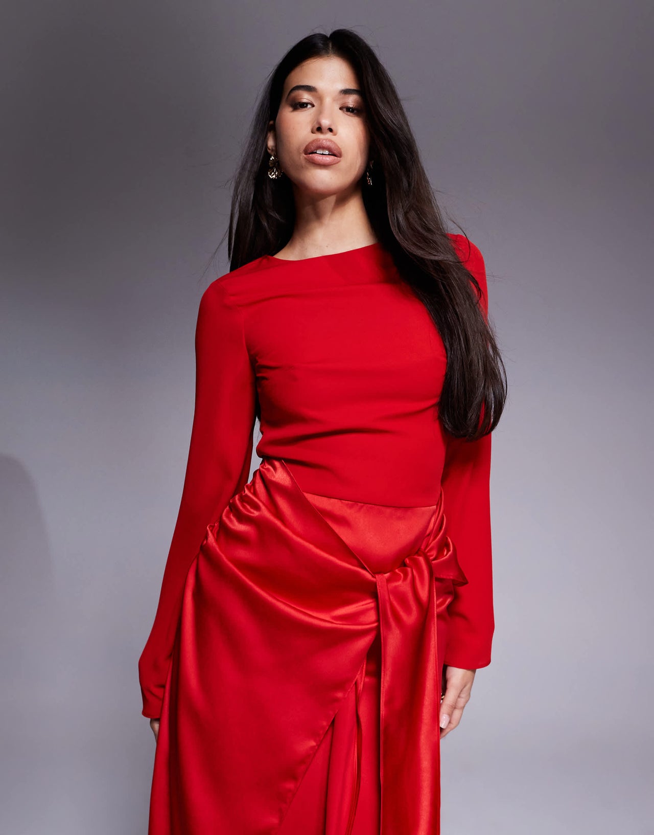 ASOS DESIGN blouson sleeve chiffon maxi dress with satin wrap skirt in red