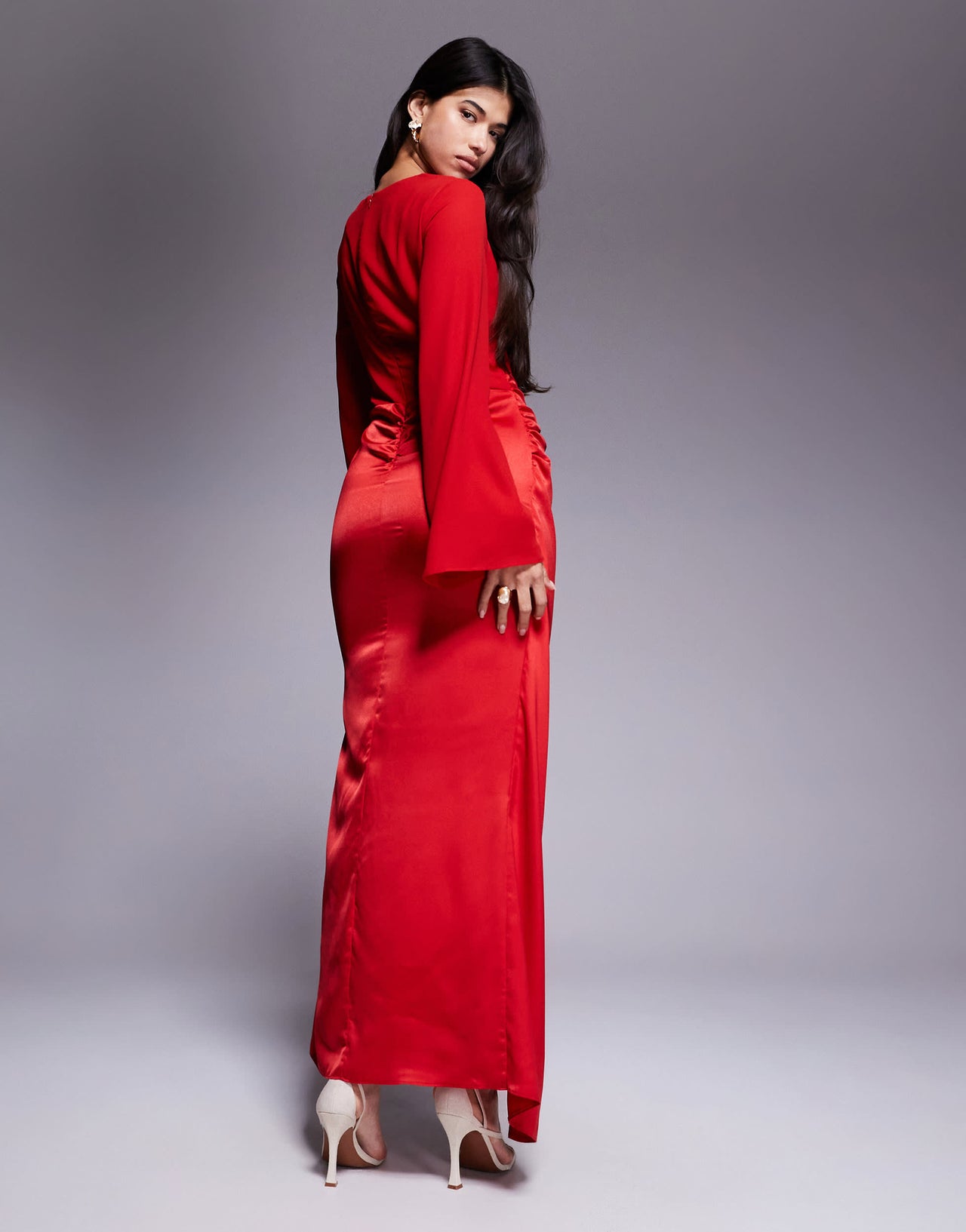 ASOS DESIGN blouson sleeve chiffon maxi dress with satin wrap skirt in red