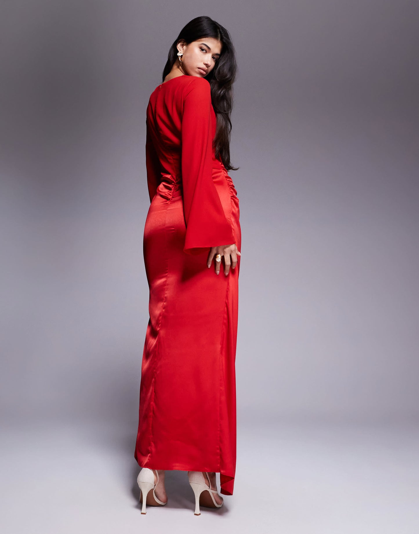 ASOS DESIGN blouson sleeve chiffon maxi dress with satin wrap skirt in red