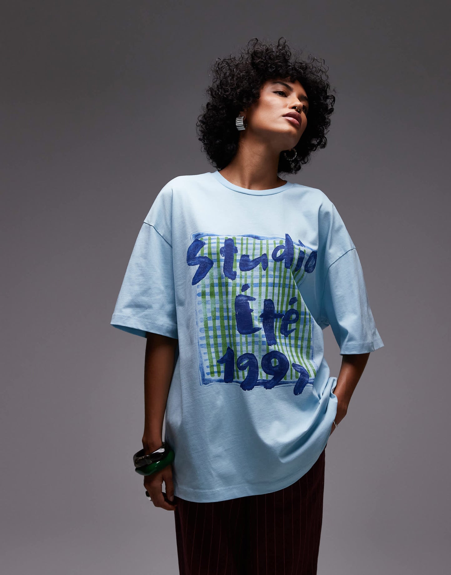 Topshop jersey graphic scarf print oversized top in light blue