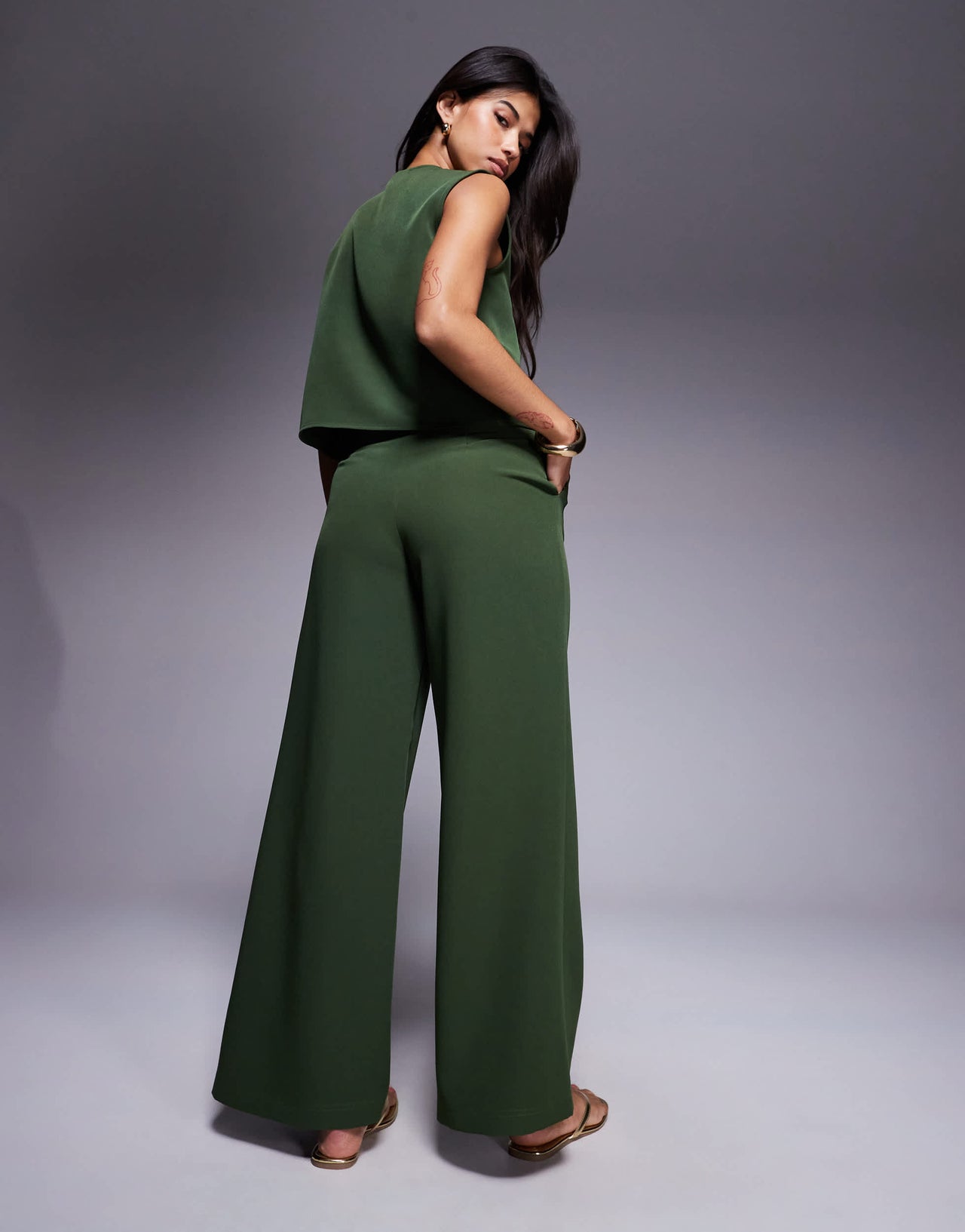 ASOS DESIGN pleat front wide leg co-ord trouser in khaki