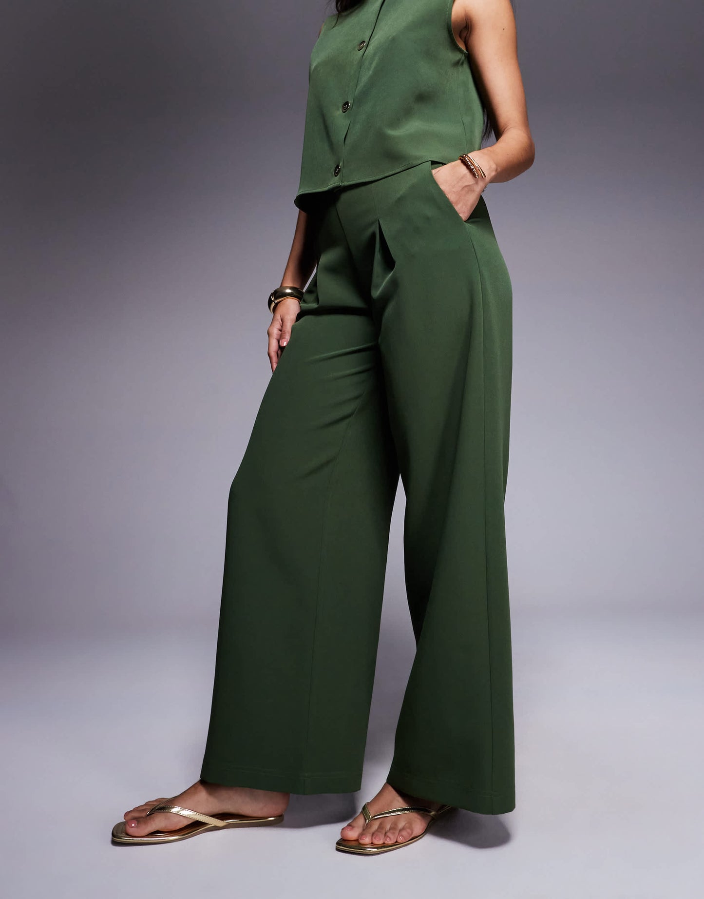 ASOS DESIGN pleat front wide leg co-ord trouser in khaki