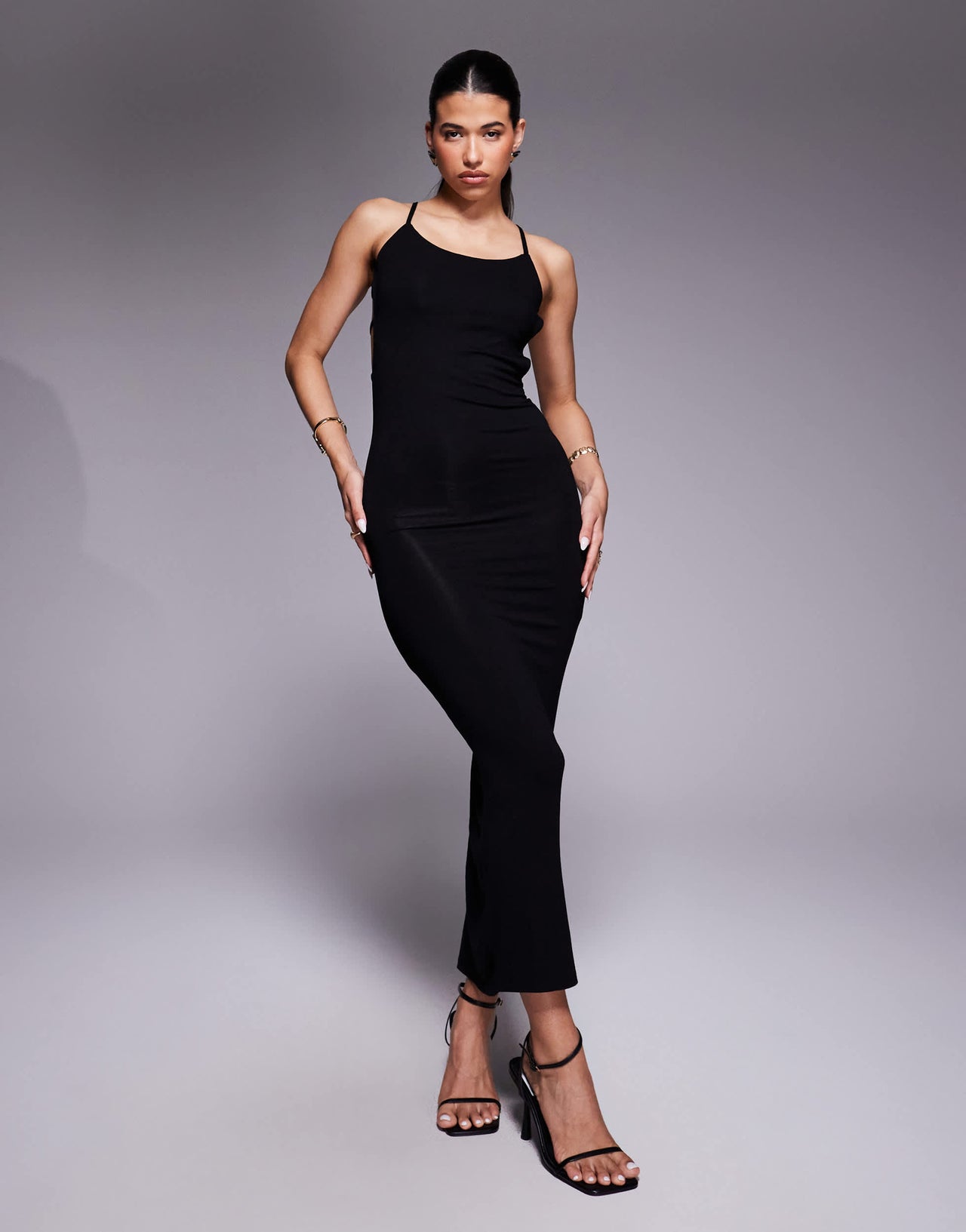 ASOS DESIGN square neck with open back with strappy back midi dress in black