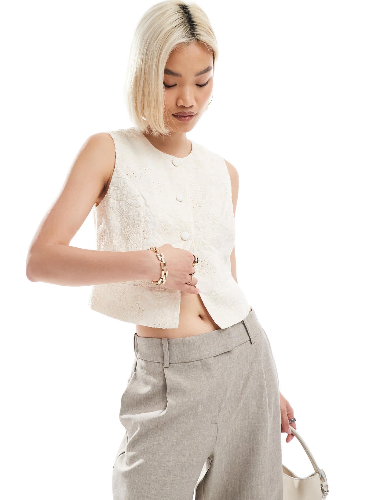 Vero Moda embroidered waistcoat in cream