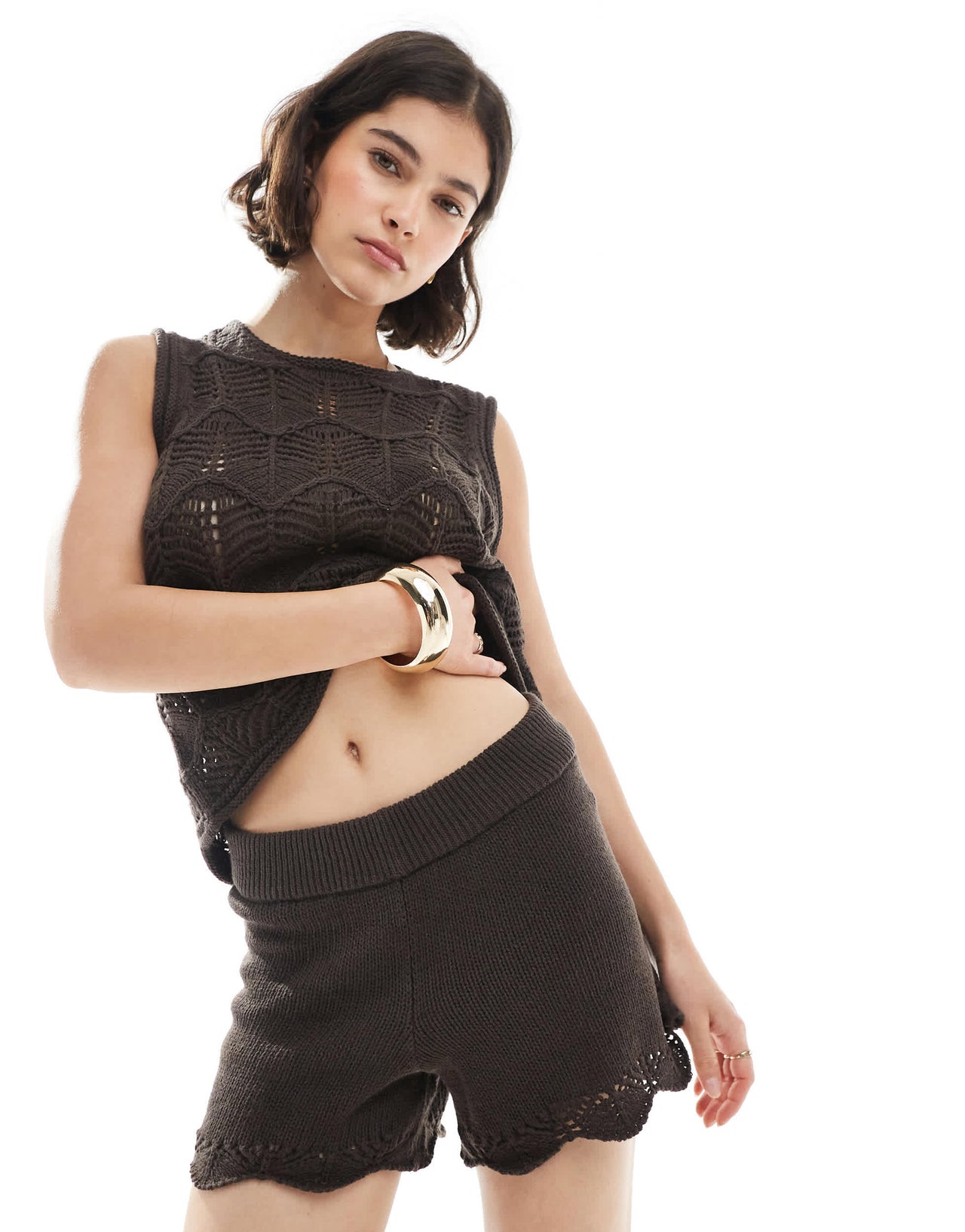 Vero Moda crochet knitted shorts co-ord in chocolate brown - BROWN