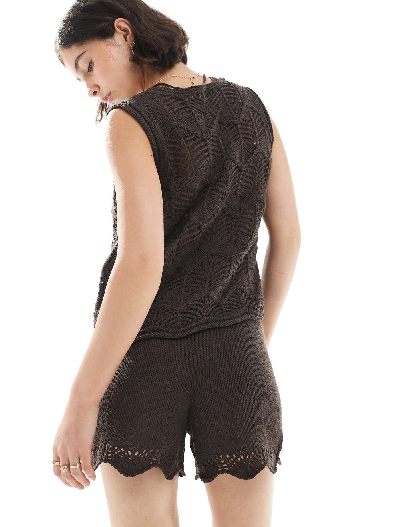 Vero Moda crochet knitted shorts co-ord in chocolate brown - BROWN