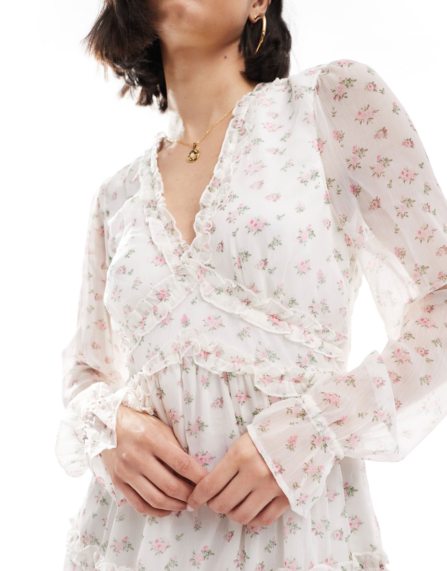 Vero Moda Smilla smock mini dress with ruffles in white ditsy print